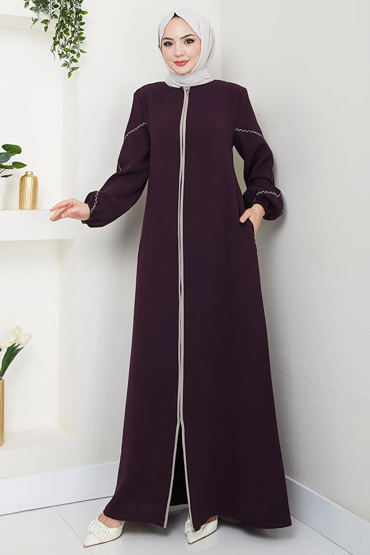 Kolları Nakışlı Ferace Mürdüm HM2721