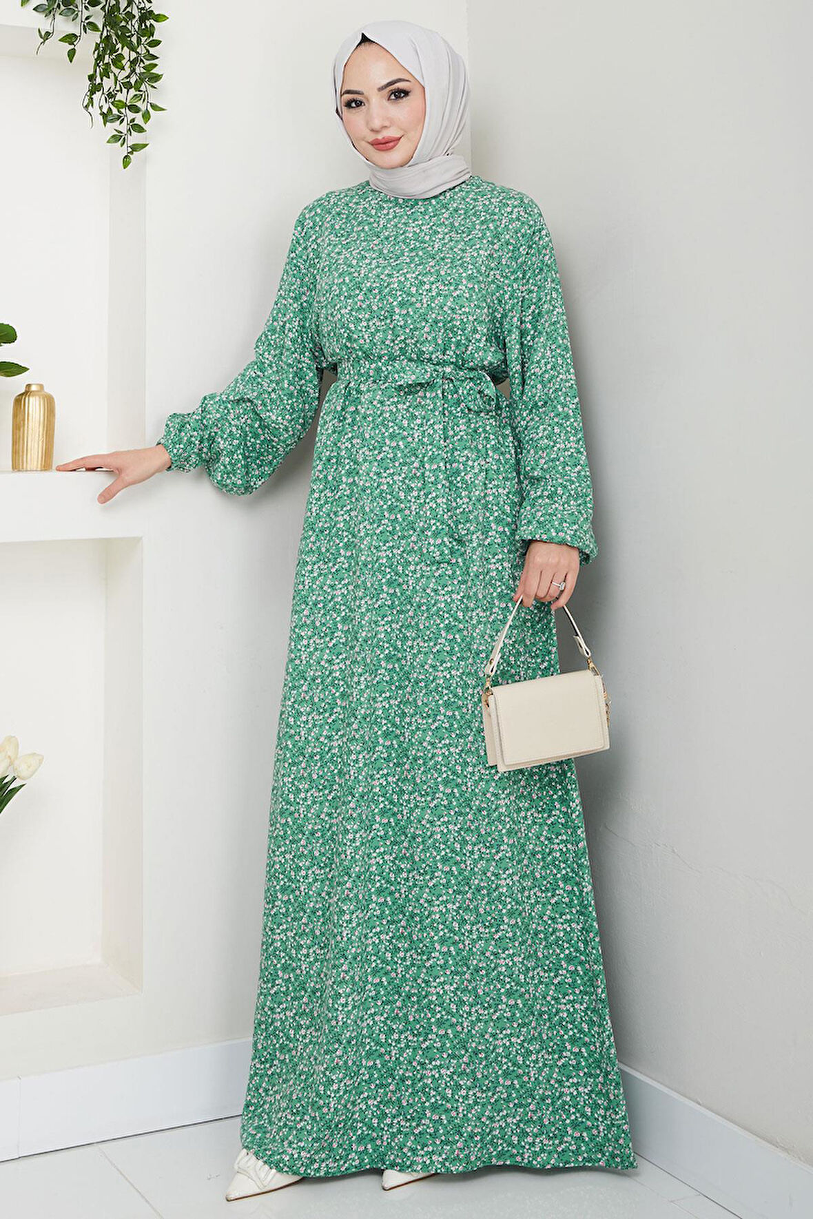 Çıtır Çiçek Desenli Yazlık Viskon Elbise Yeşil HM2717