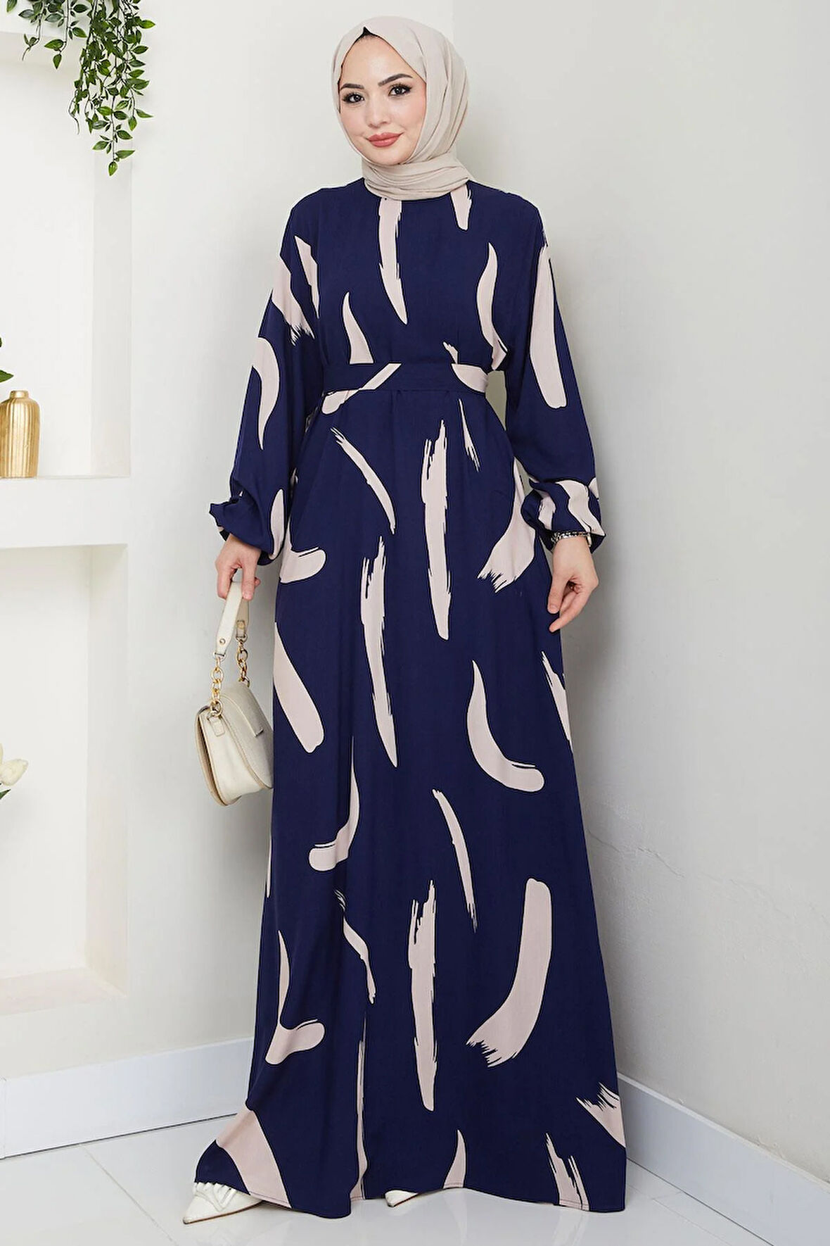Fırça Desenli Yazlık Viskon Elbise Lacivert HM2730