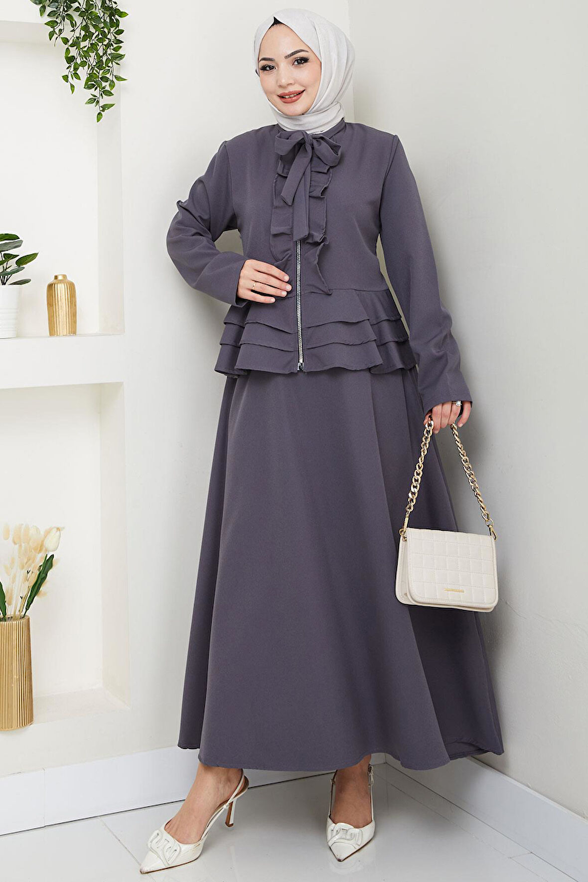 Fırfırlı Etekli Takım Gri HM2722