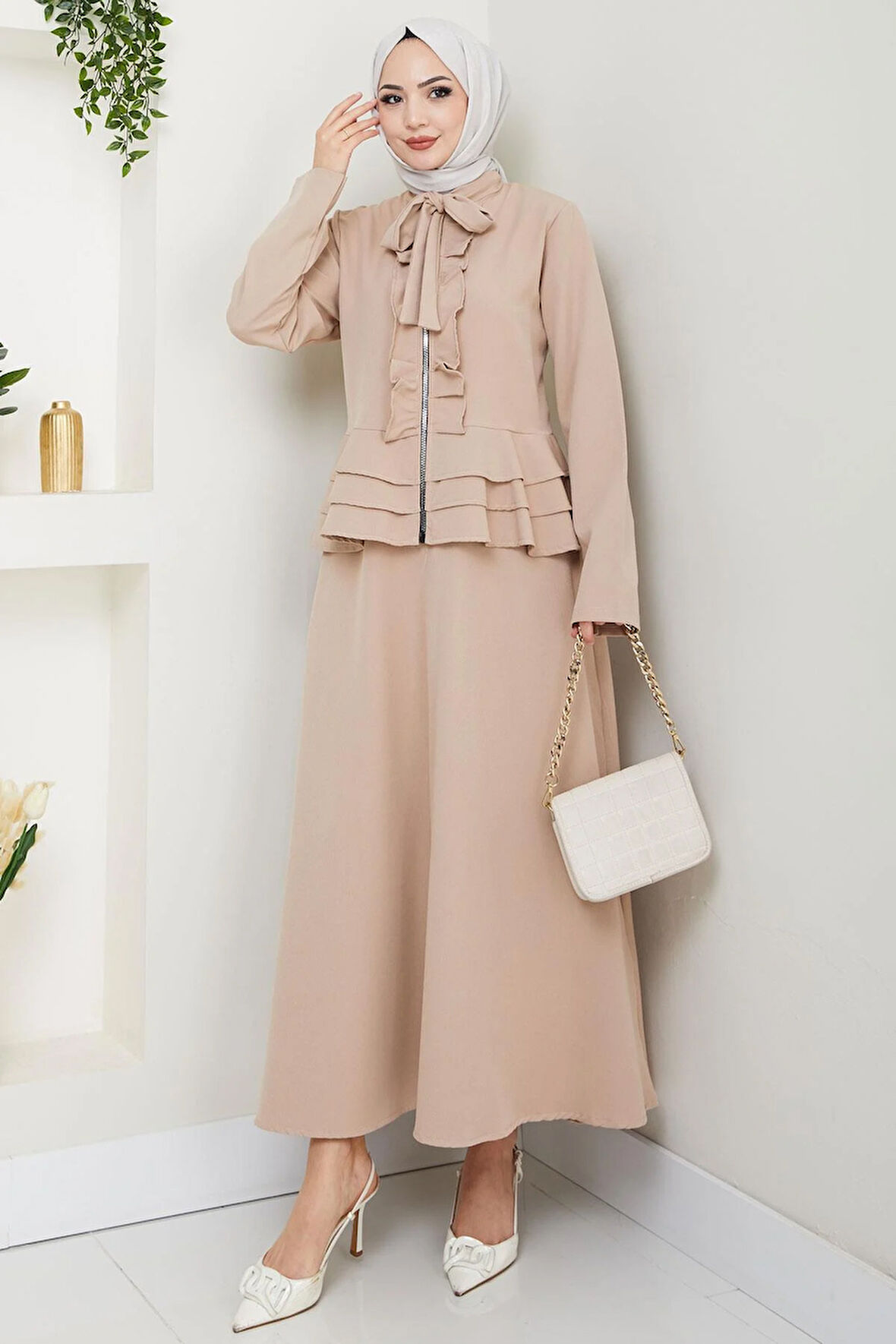 Fırfırlı Etekli Takım Bej HM2722