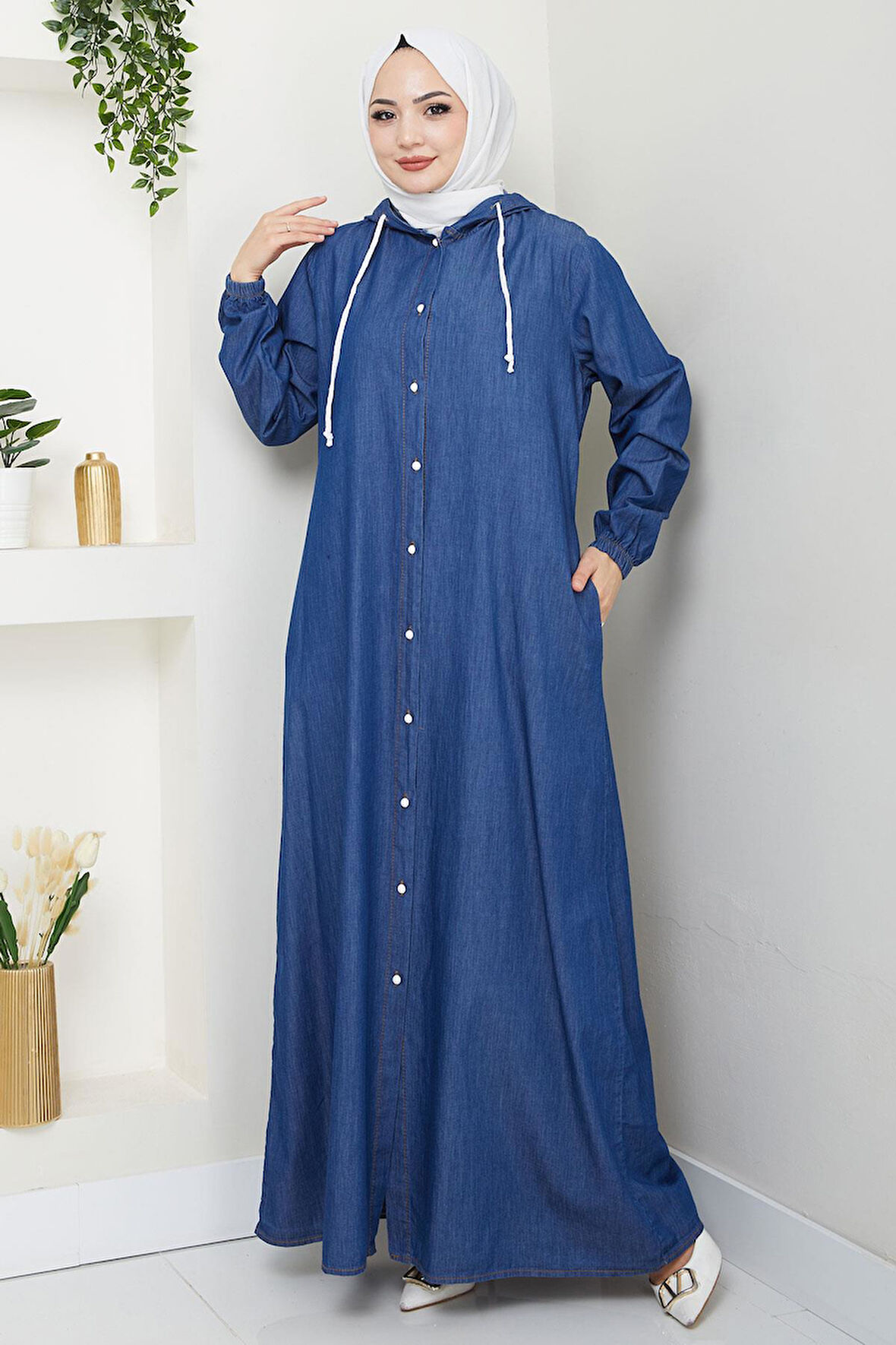 Boydan Düğmeli Kot Ferace Koyu Mavi HM2715