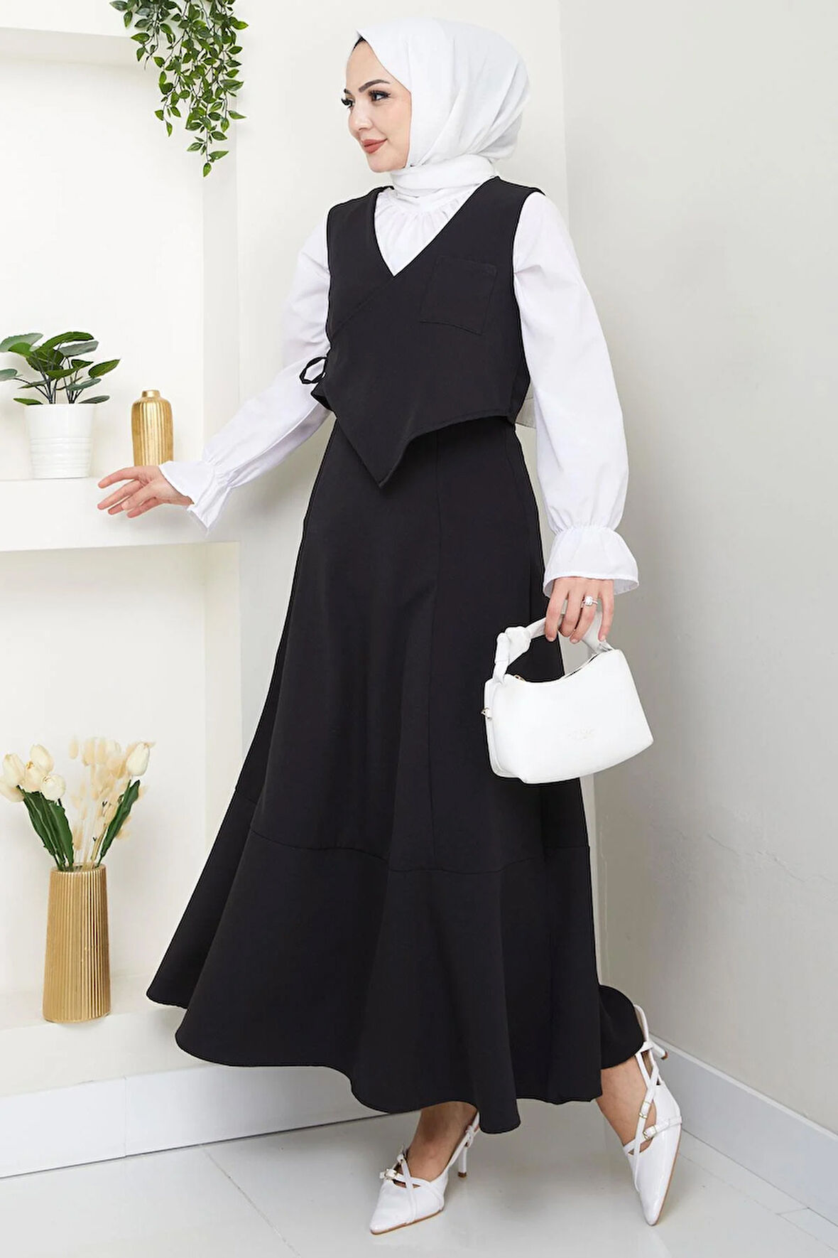 Yandan Bağlamalı Yelekli Takım Siyah HM2723