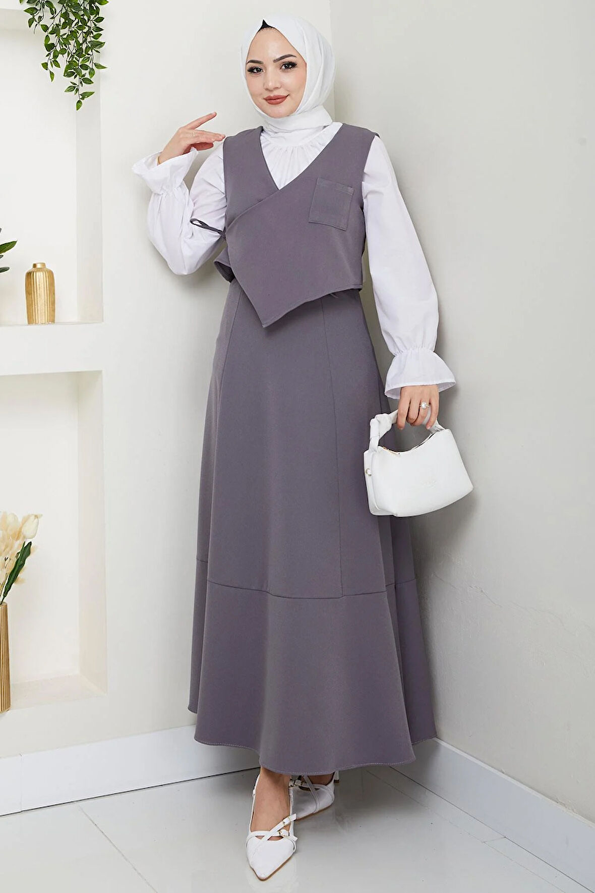 Yandan Bağlamalı Yelekli Takım Gri HM2723