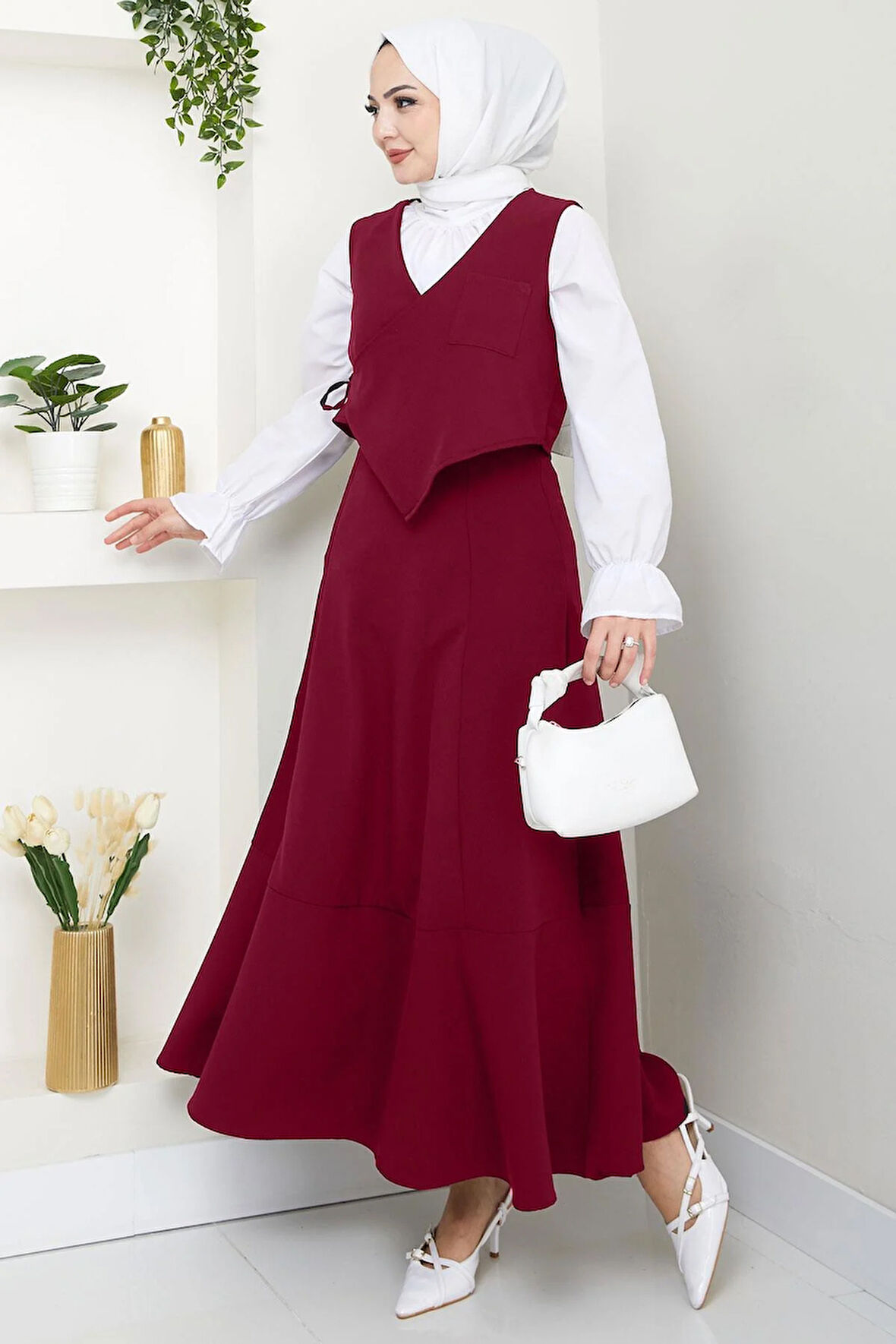 Yandan Bağlamalı Yelekli Takım Bordo HM2723