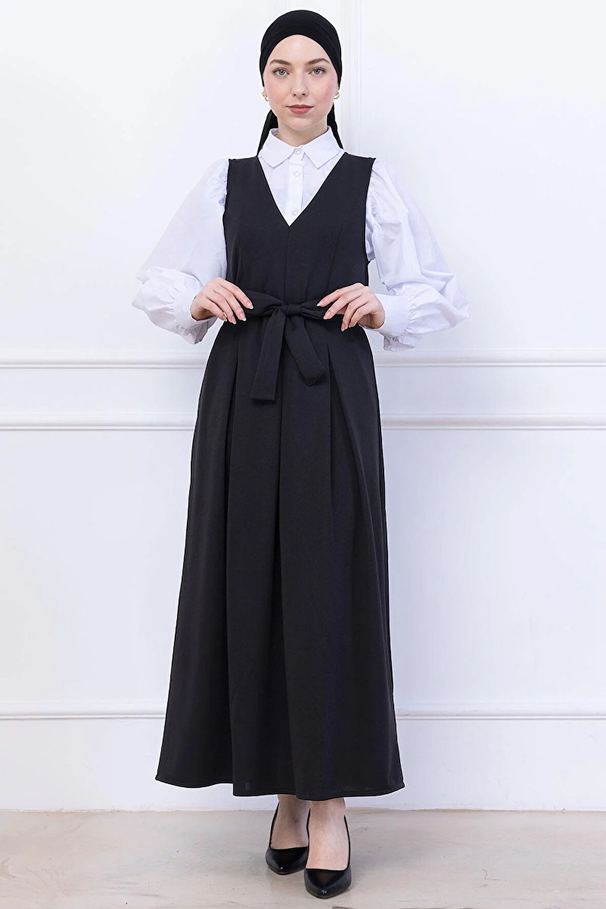 Kuşaklı Pileli Örme Jile Elbise Siyah HM2736