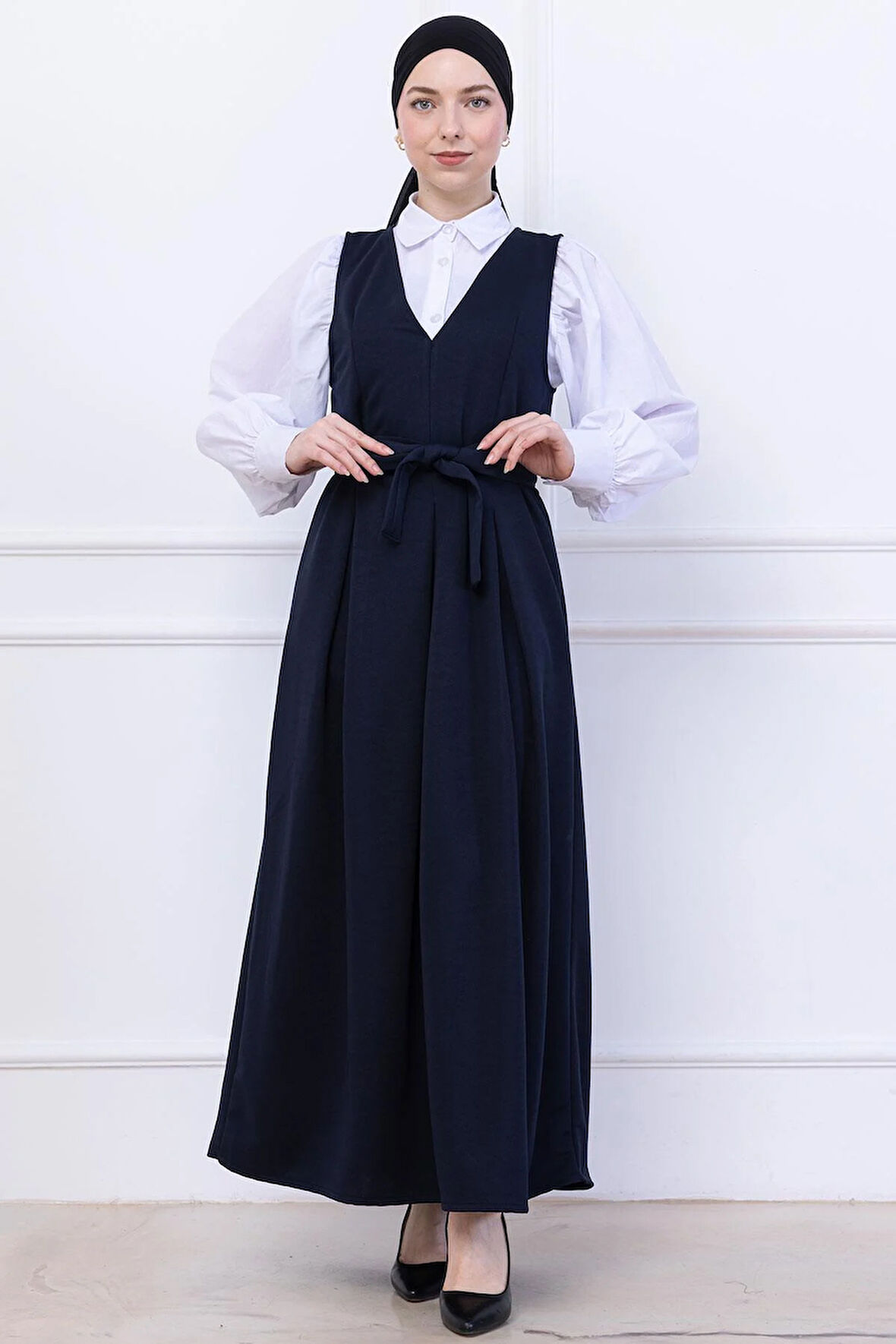 Kuşaklı Pileli Örme Jile Elbise Lacivert HM2736