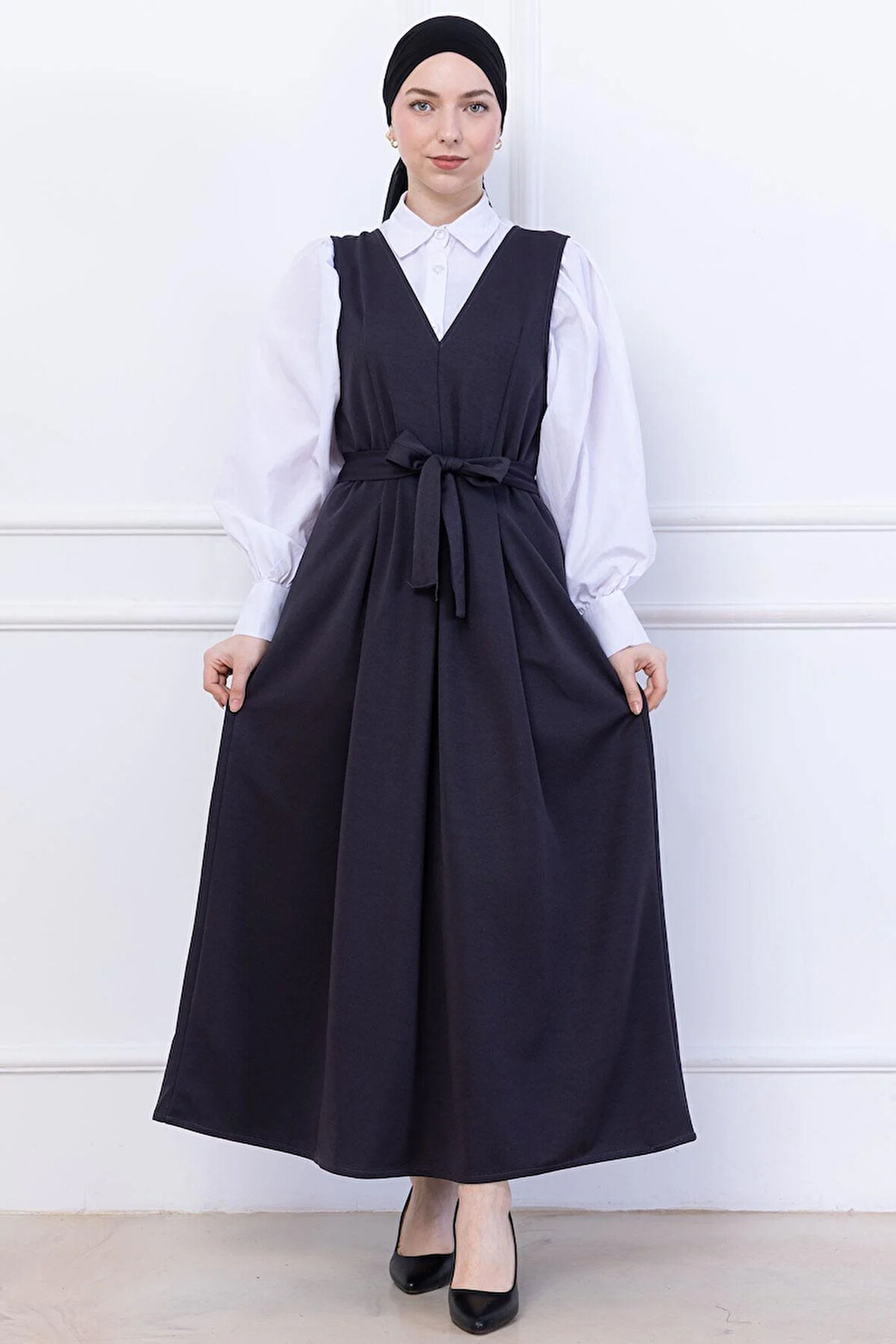 Kuşaklı Pileli Örme Jile Elbise Antrasit HM2736