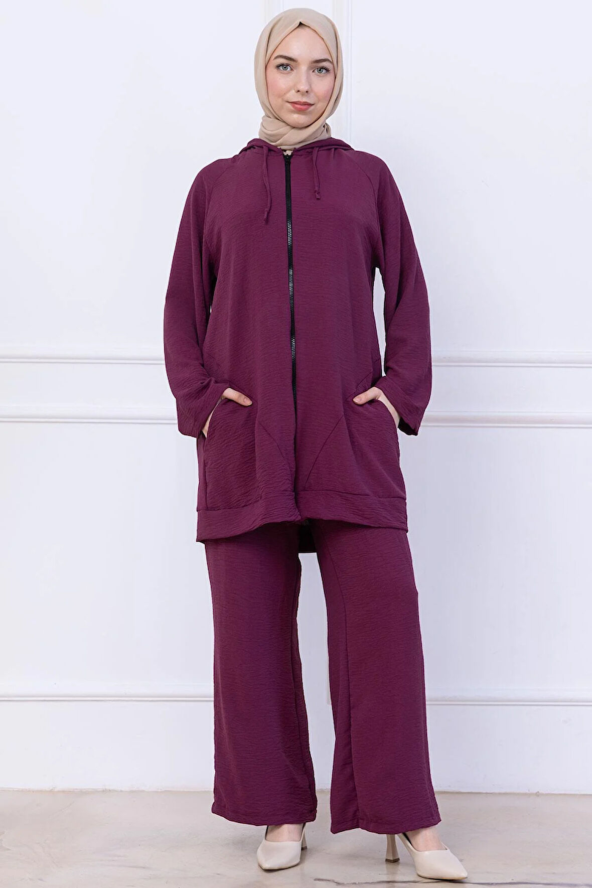 Kapüşonlu Kanguru Cepli Fermuarlı Ayrobin Takım Mürdüm HM2731