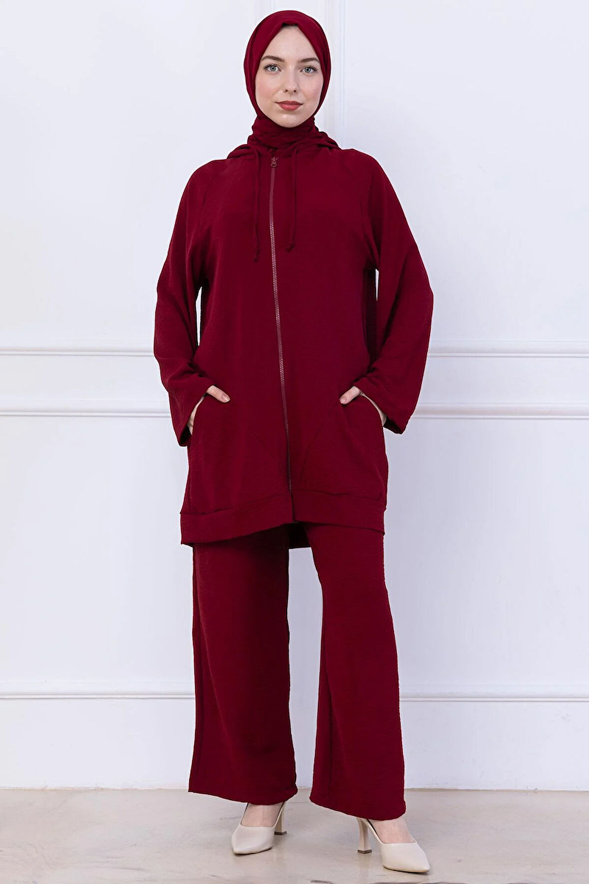 Kapüşonlu Kanguru Cepli Fermuarlı Ayrobin Takım Bordo HM2731