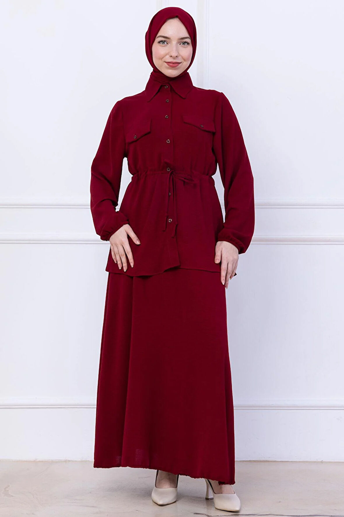 Beli Bağlamalı Etekli Ayrobin Takım Bordo HM2734