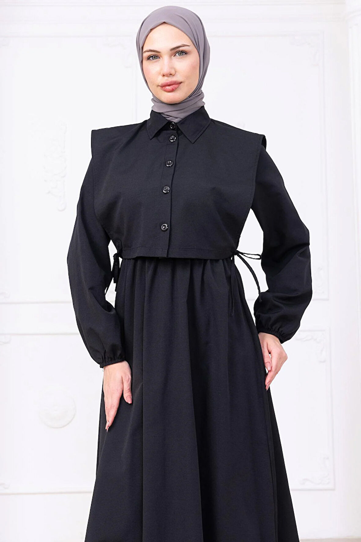 Bolerolu Beli Lastikli Elbise Siyah HM2756