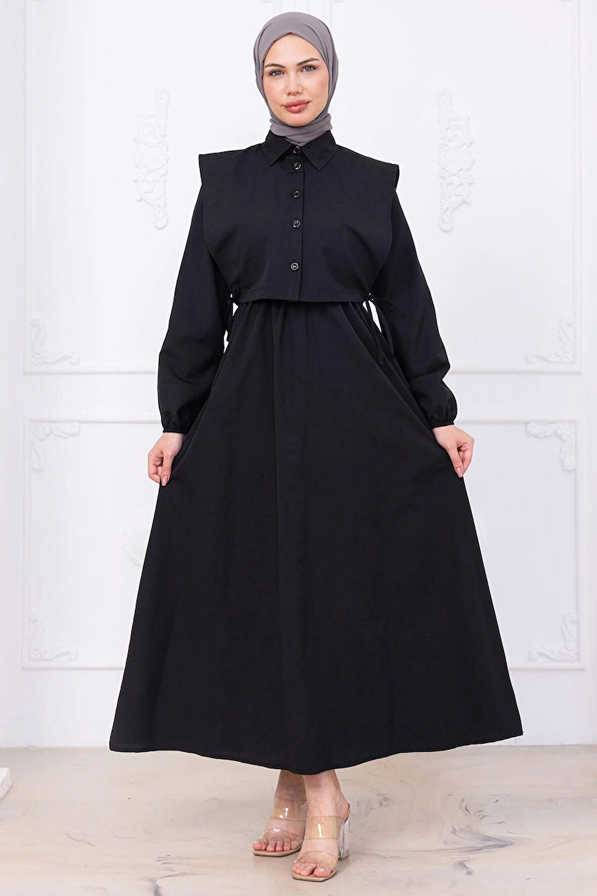 Bolerolu Beli Lastikli Elbise Siyah HM2756