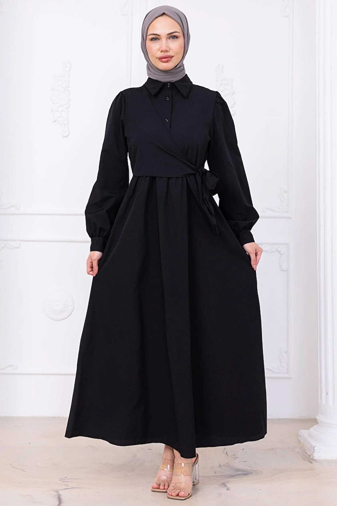Yandan Bağlamalı Tesettür Elbise Siyah HM2753