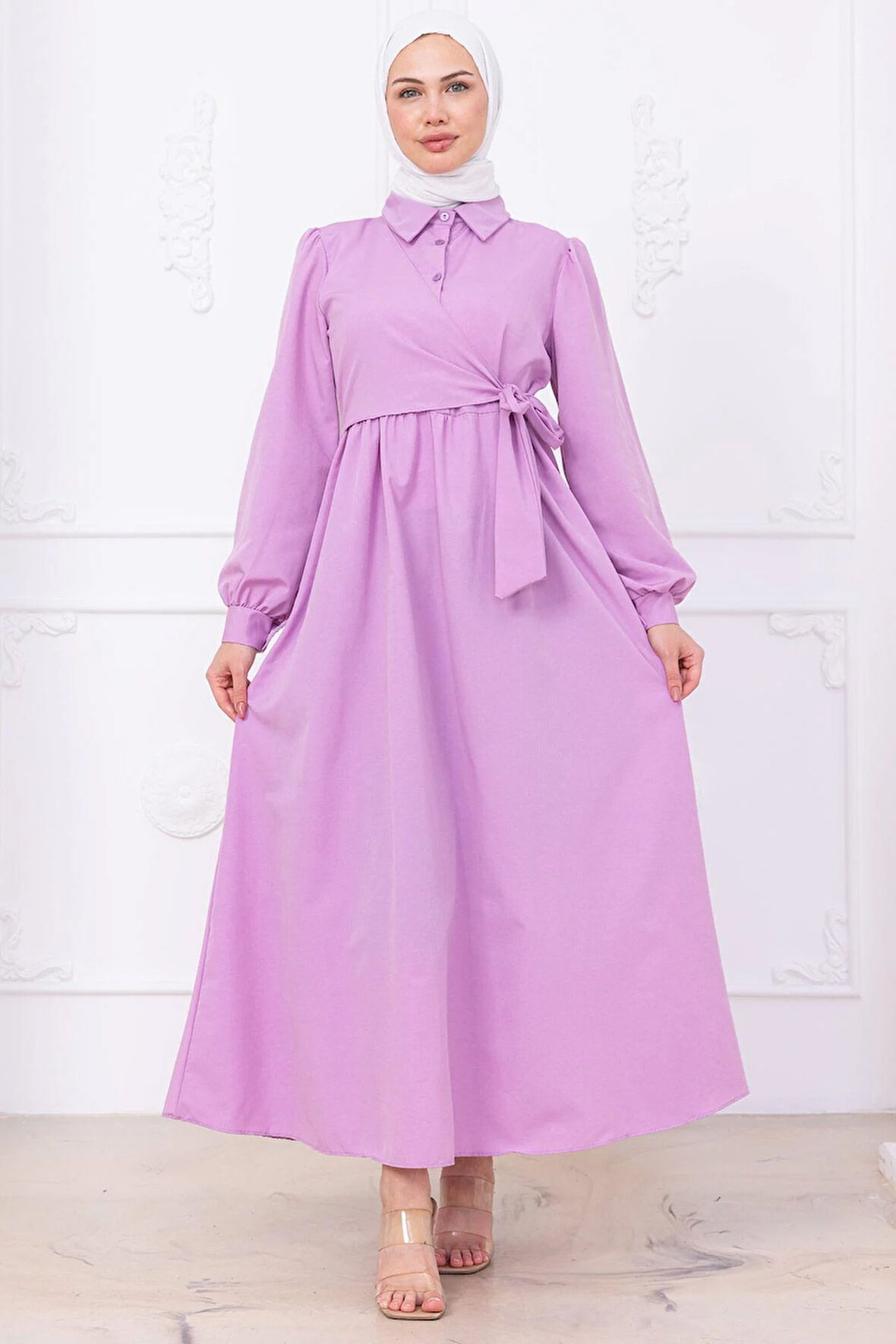 Yandan Bağlamalı Tesettür Elbise Lila HM2753