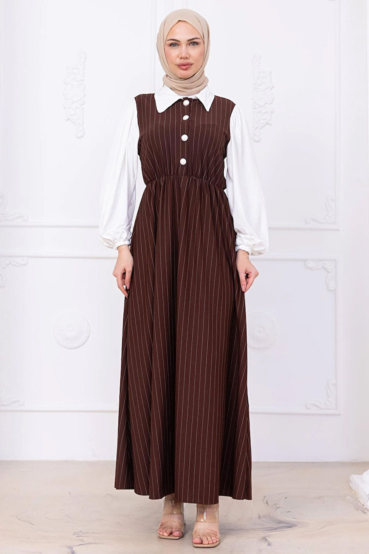 Kol Garnili Çizgili Tesettür Elbise Kahverengi HM2740