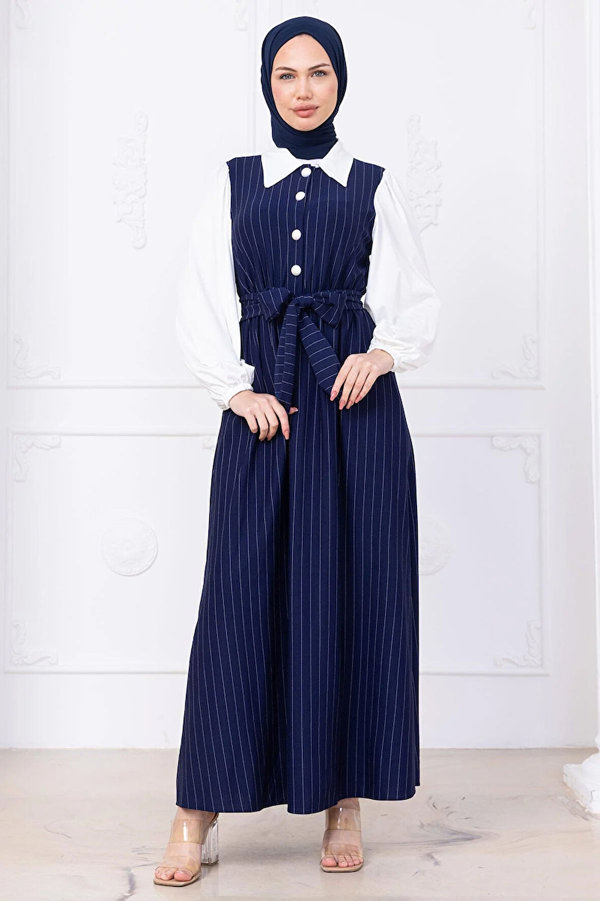 Kol Garnili Çizgili Tesettür Elbise Lacivert HM2740