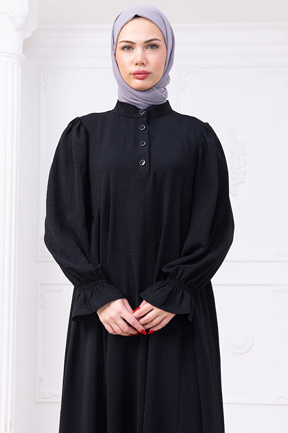 Kolları Lastikli Eva Tesettür Elbise Siyah HM2758