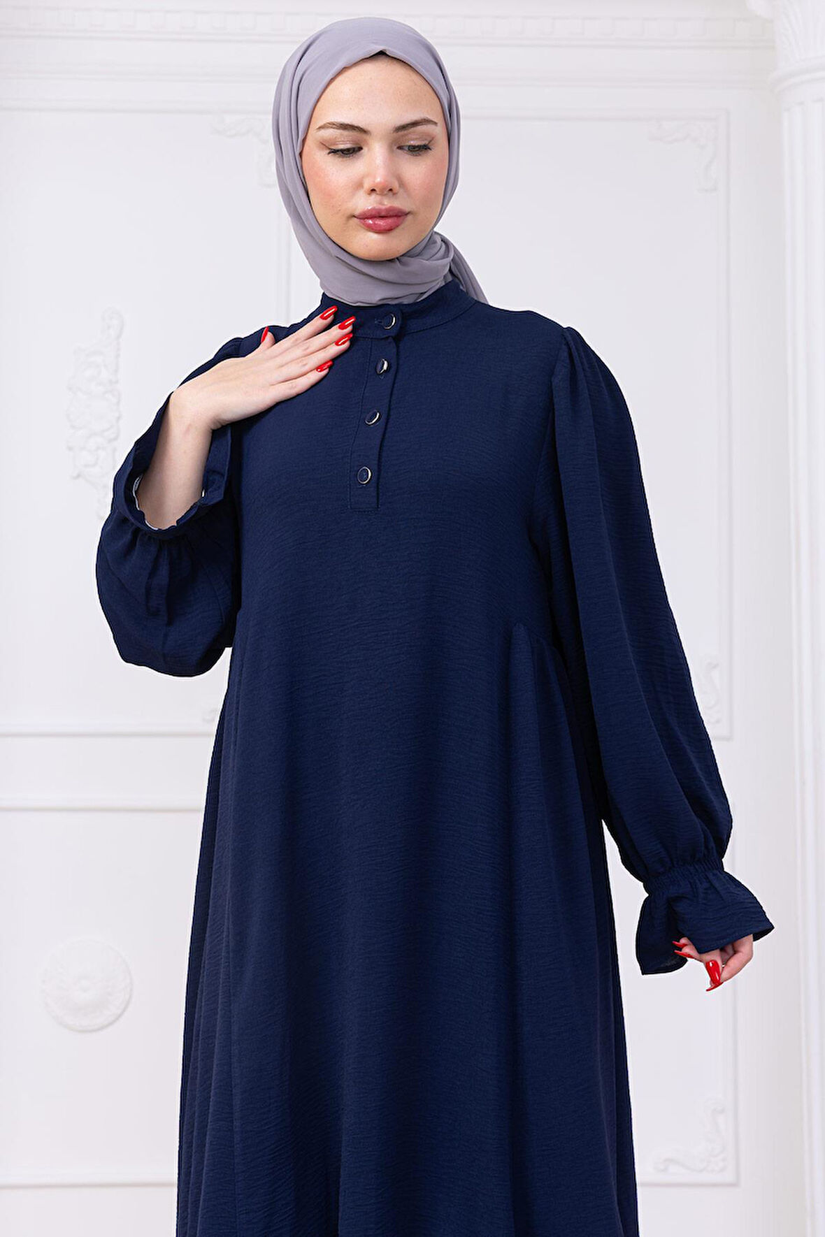 Kolları Lastikli Eva Tesettür Elbise Lacivert HM2758