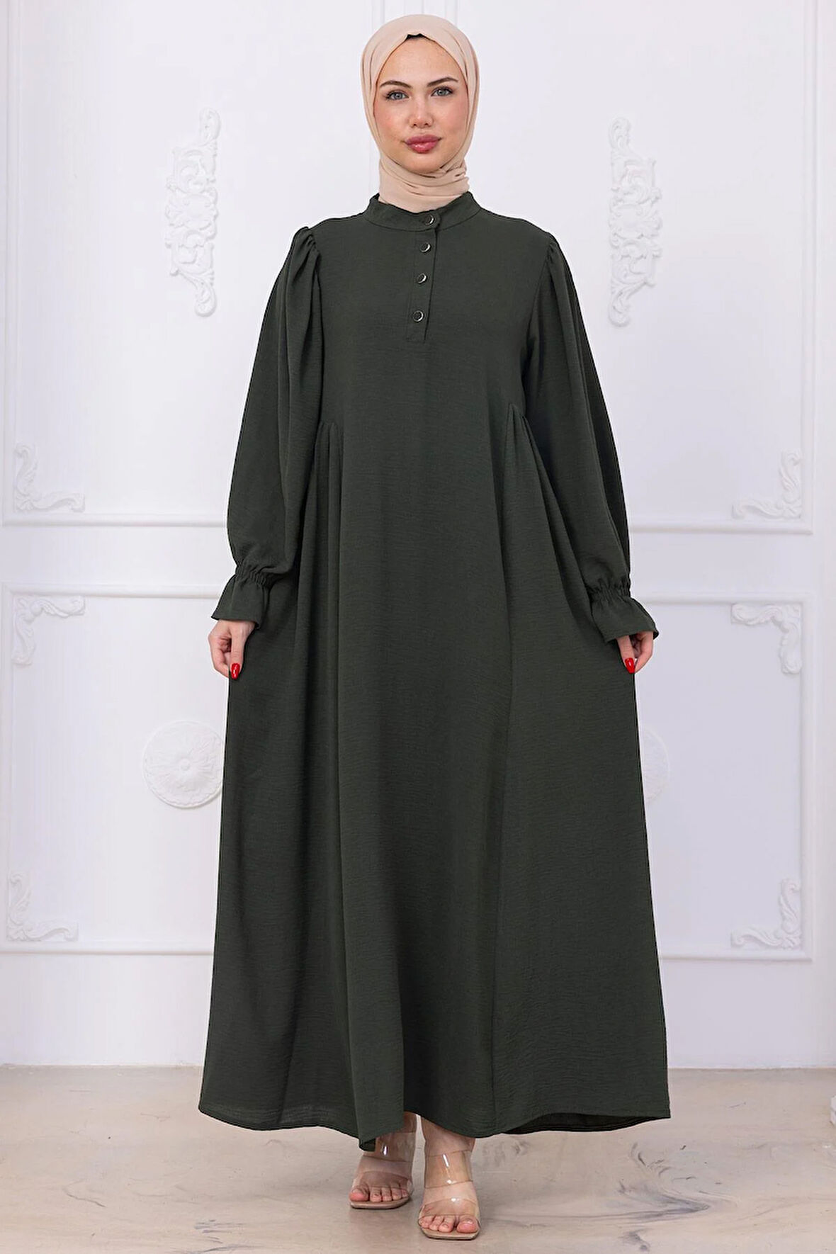 Kolları Lastikli Eva Tesettür Elbise Haki HM2758