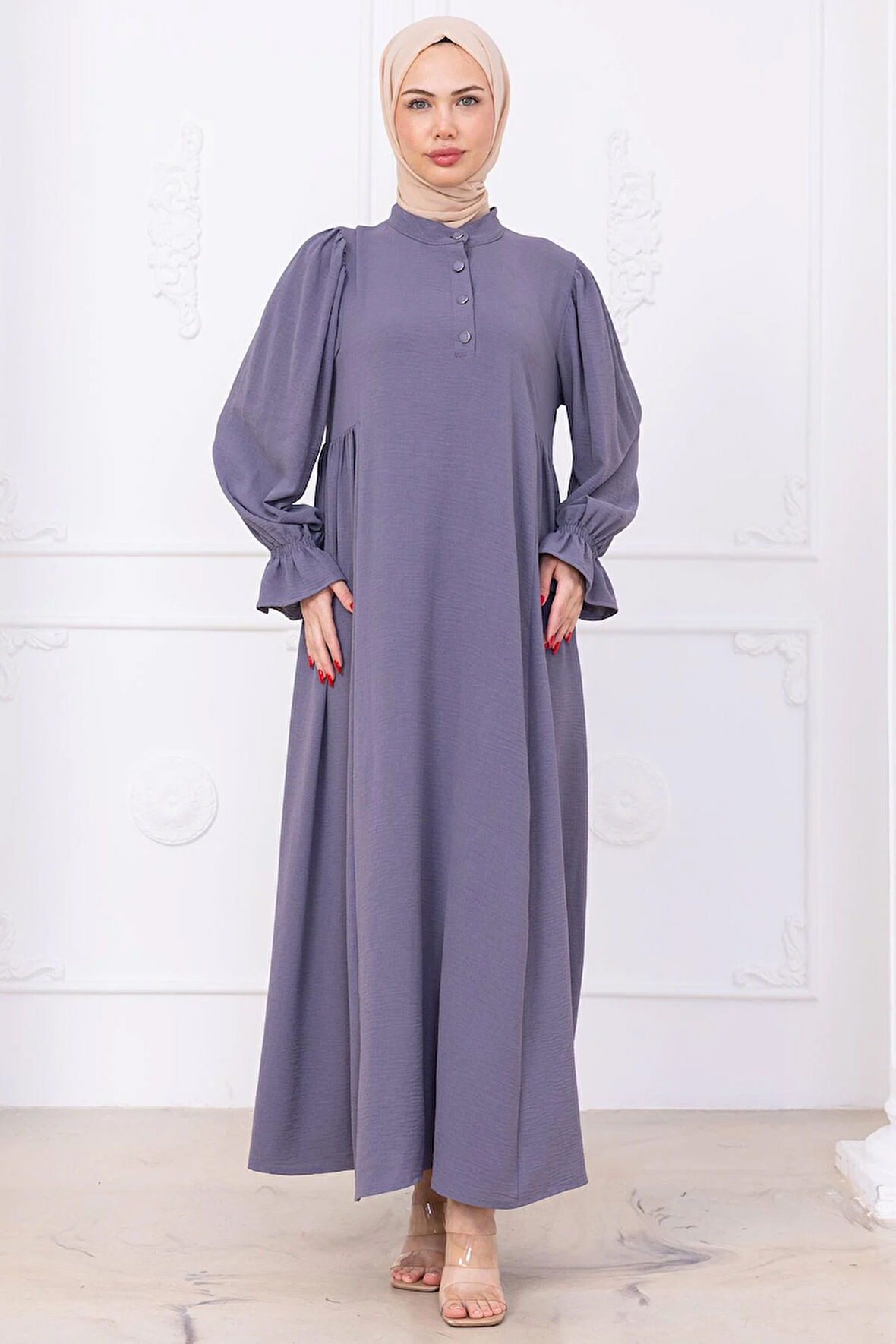 Kolları Lastikli Eva Tesettür Elbise Gri HM2758