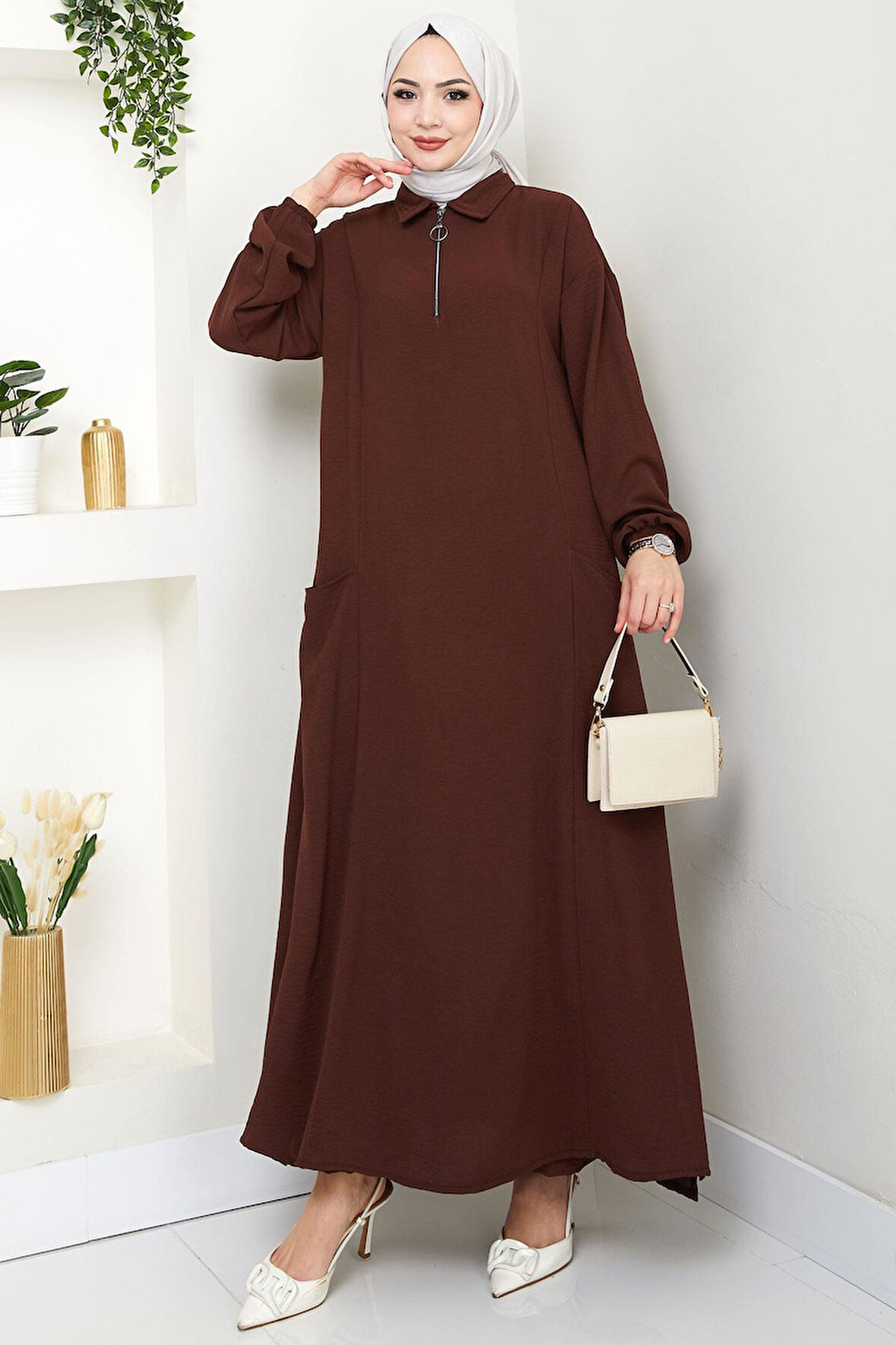 Yarım Fermuarlı Cepli Ayrobin Takım Kahverengi HM2759