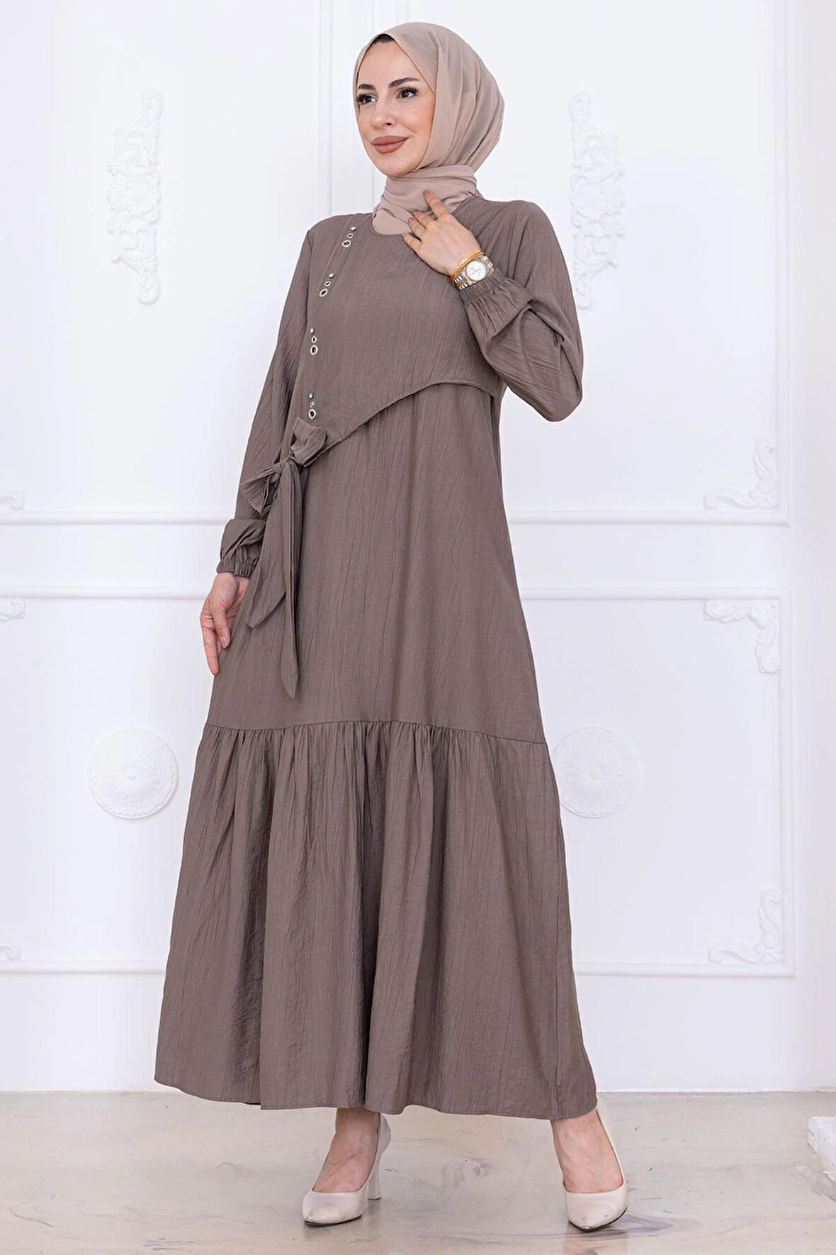 Önü Taş Detaylı Yandan Bağlamalı Tesettür Elbise Vizon HM2760