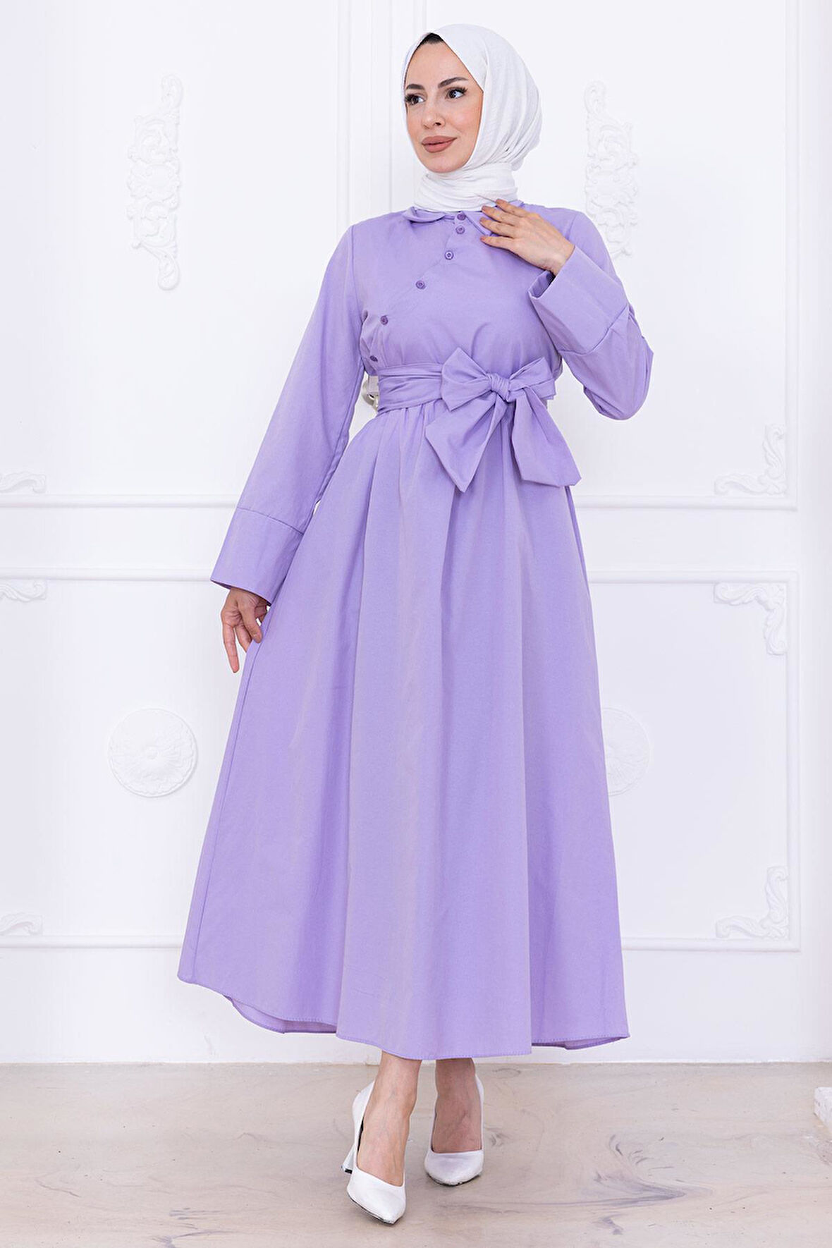 Önden Çapraz Düğmeli Kuşaklı Elbise Lila HM2755
