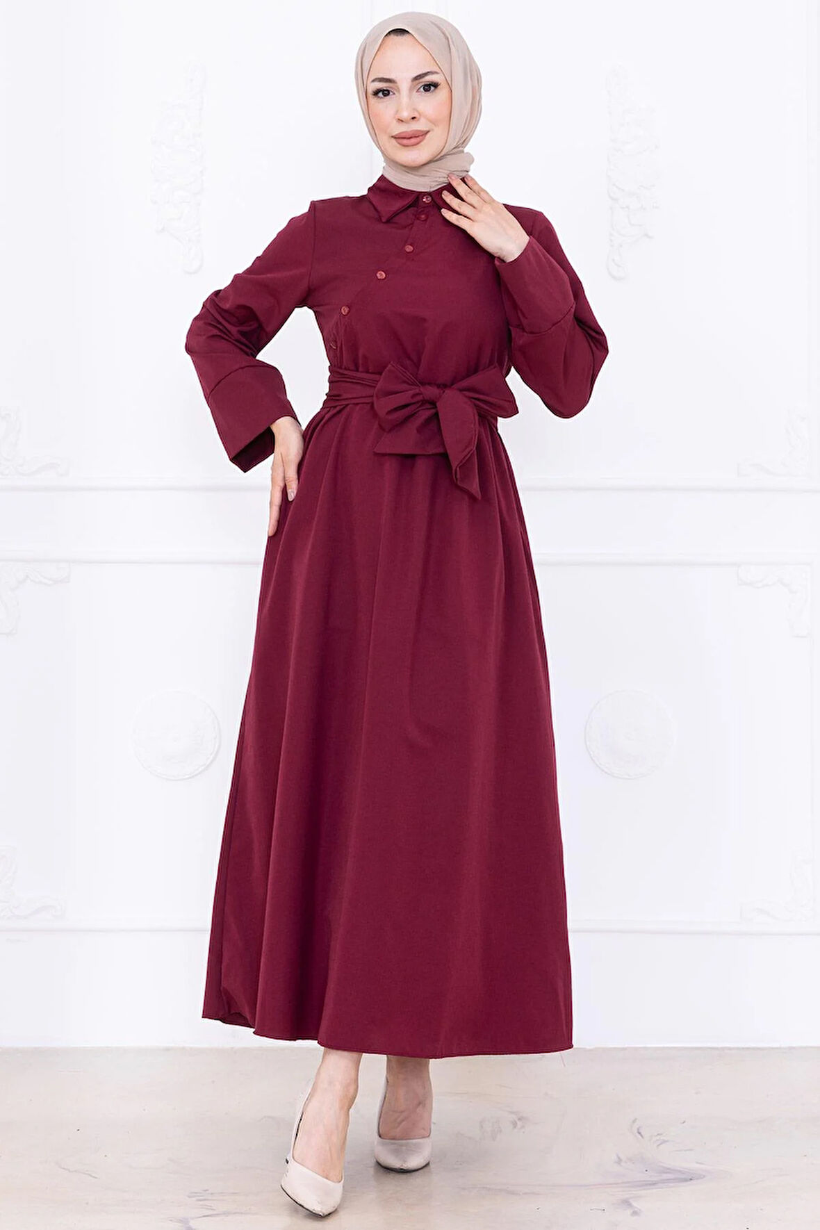 Önden Çapraz Düğmeli Kuşaklı Elbise Bordo HM2755