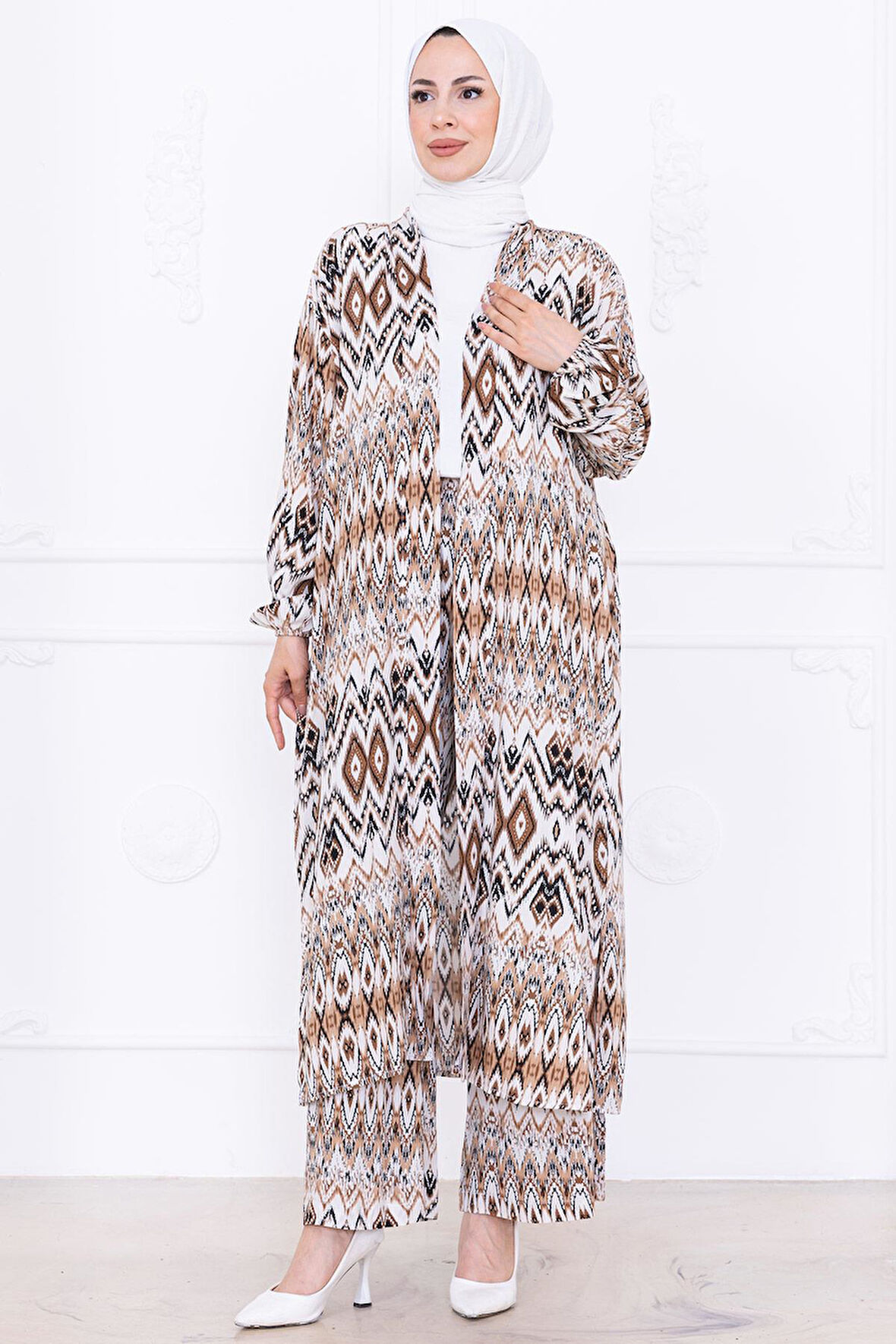 Seva Desenli Viskon Kimono Takım Kahverengi HM2762