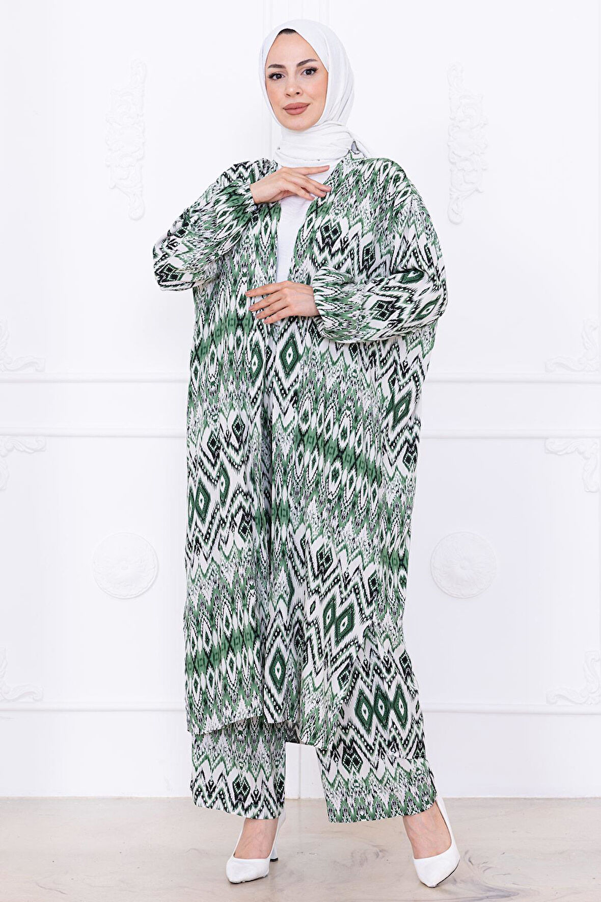 Seva Desenli Viskon Kimono Takım Yeşil HM2762