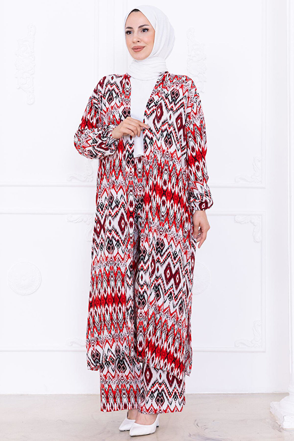 Seva Desenli Viskon Kimono Takım Kırmızı HM2762