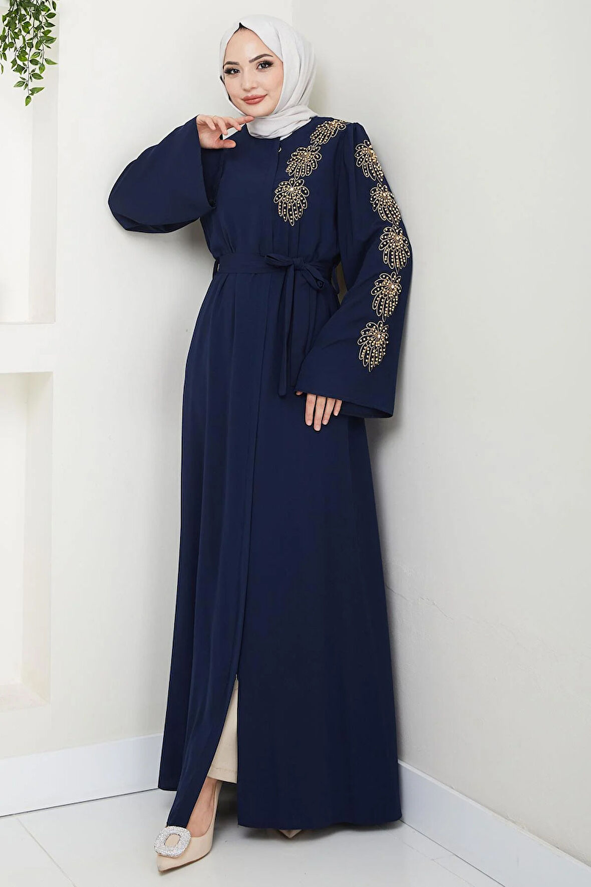 Çiçek Taşlı Kuşaklı Ferace Lacivert HM2713