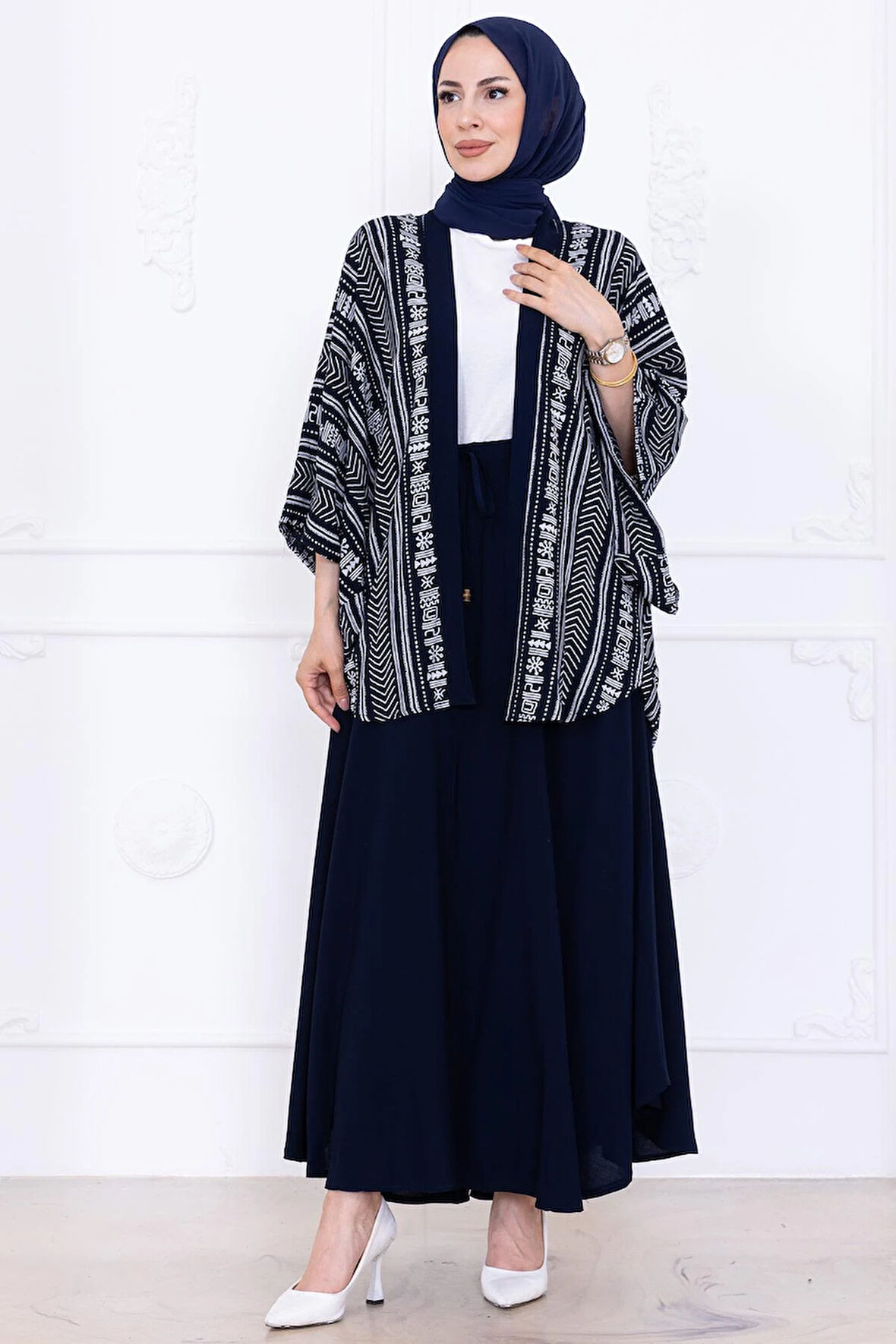 Desenli Etekli Kimono Takım Lacivert HM2766