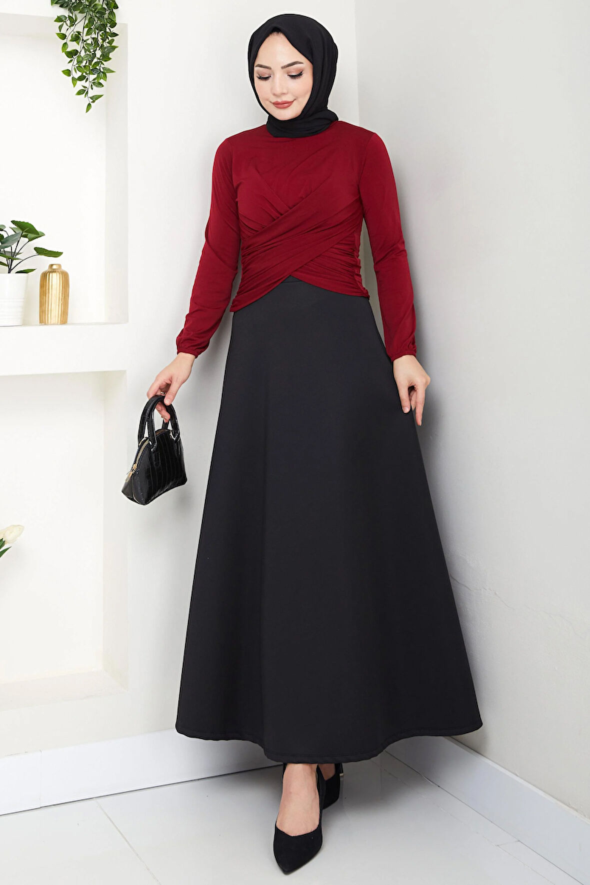 Bisiklet Yaka Büzgülü Sandy Bluz Bordo HM2765