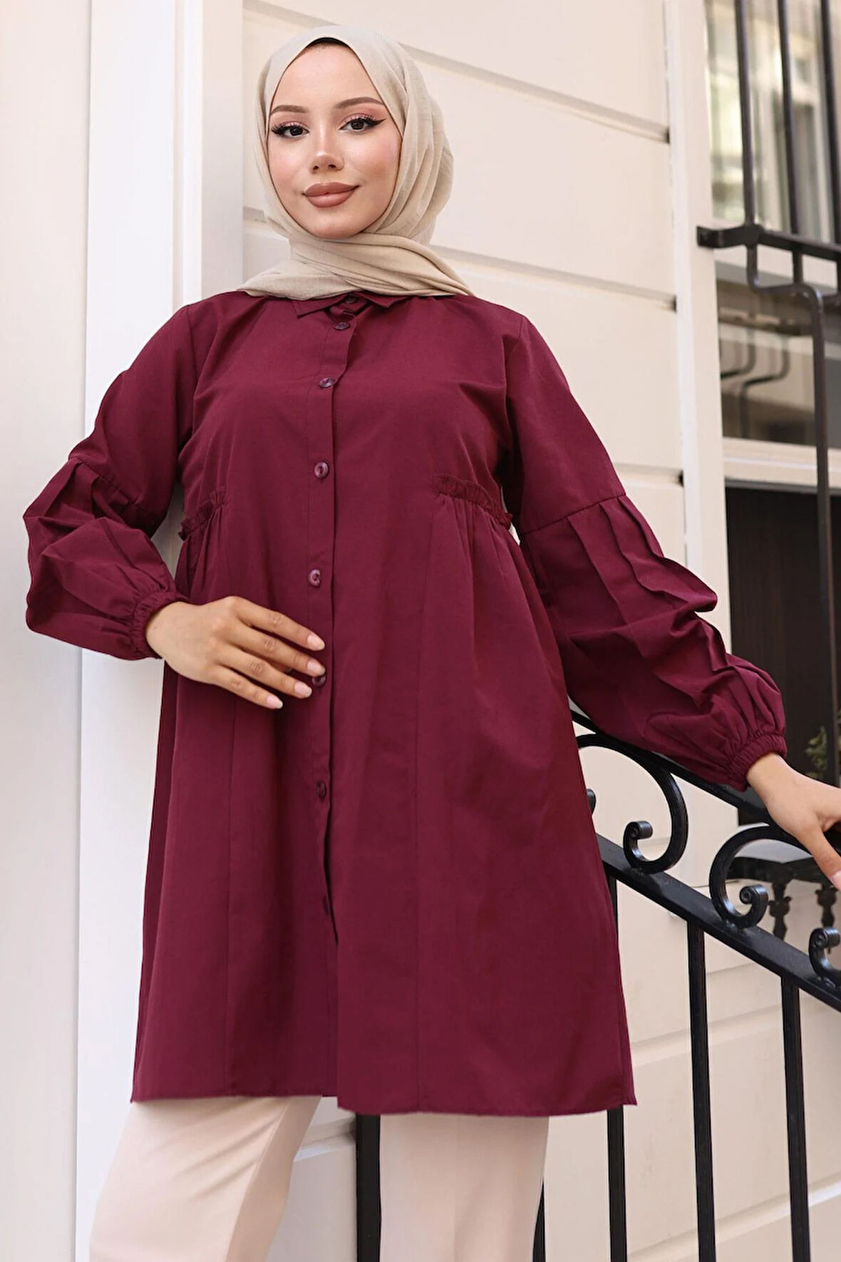 Büzgü Detaylı Balon Kol Gömlek Bordo HM2763