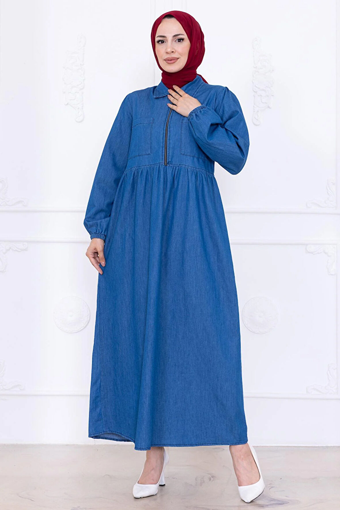 Yarım Fermuarlı Cepli Kot Elbise HM2773 Açık Mavi