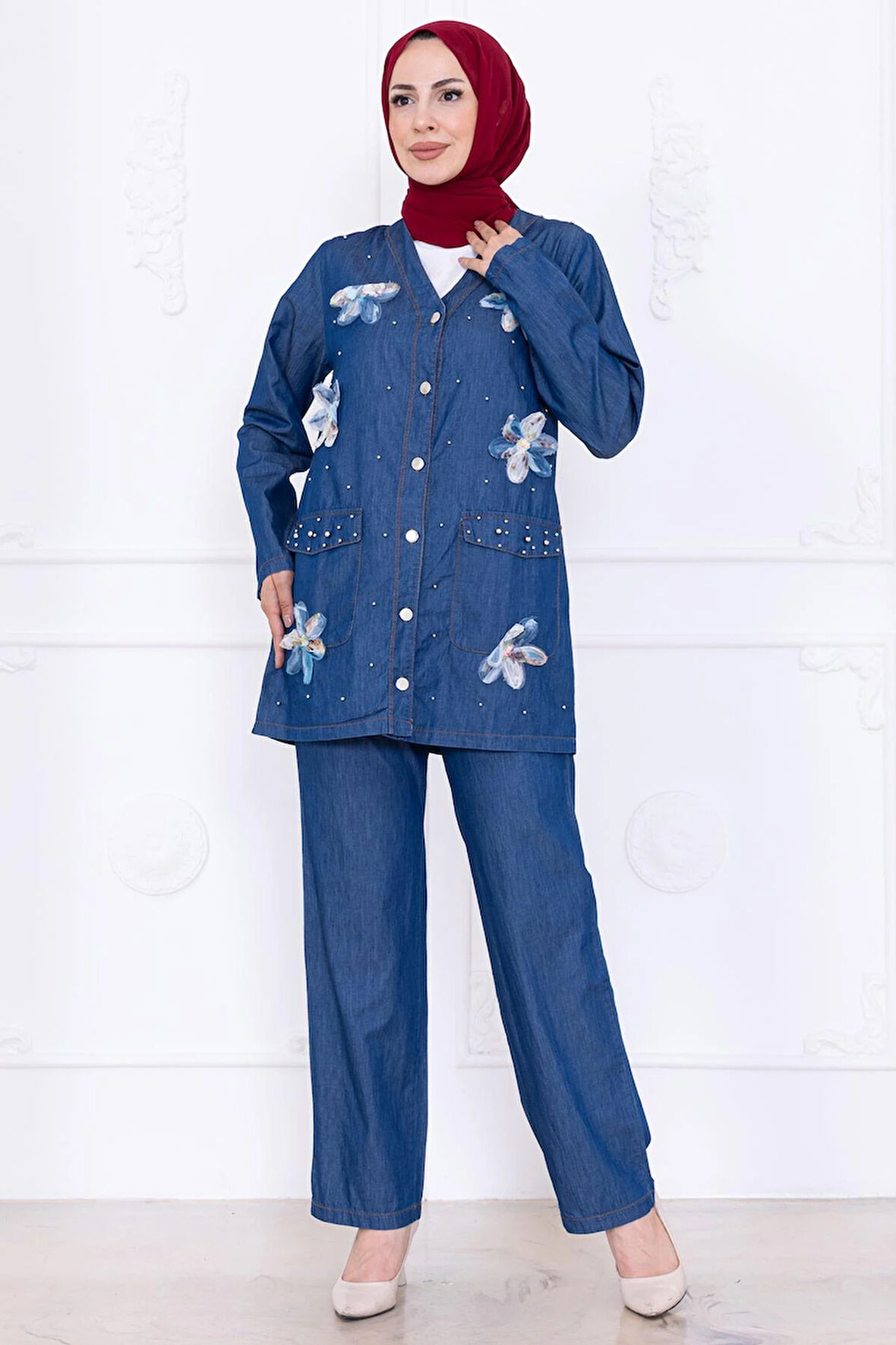 Papatya Dokunuşlu Yazlık Kot Takım HM2779 Koyu Mavi