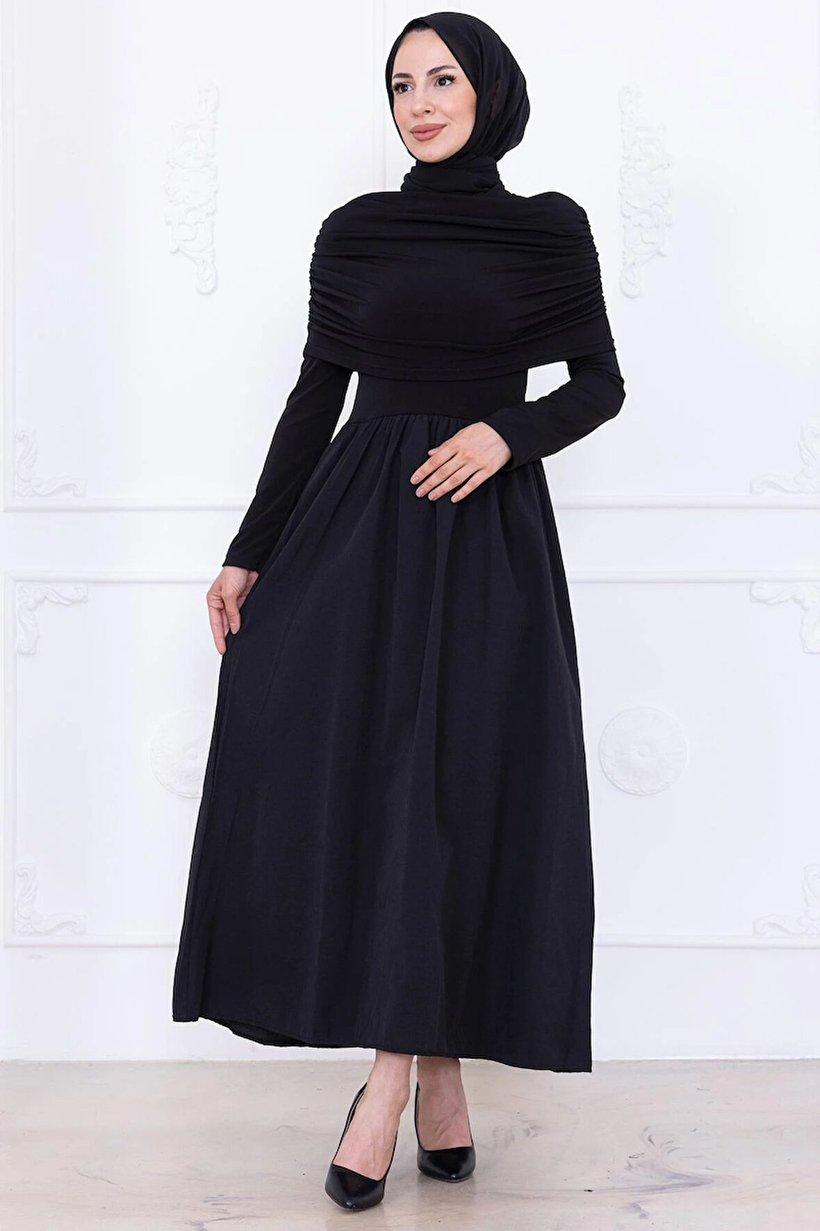 Drapeli Elbise Siyah HM2780