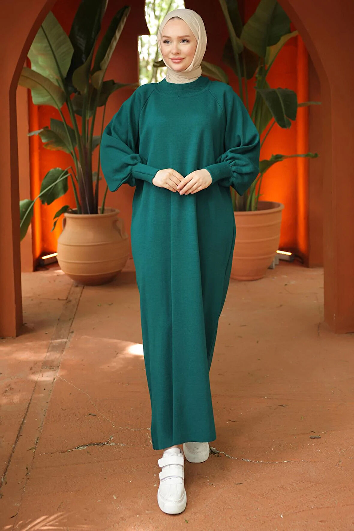 Balon Kol Triko Elbise Zümrüt HM2522