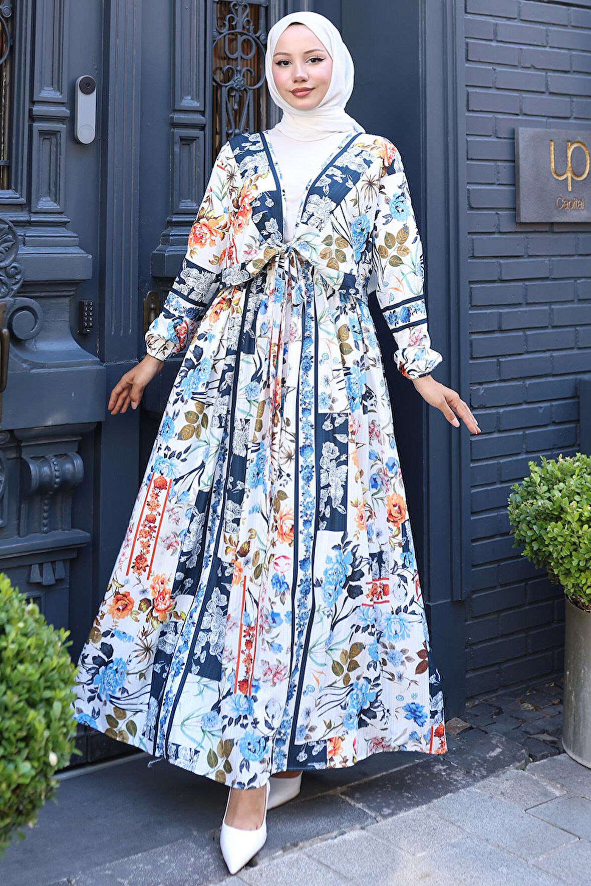 Çiçek Desenli Bağlamalı Etekli Takım Mavi HM2768