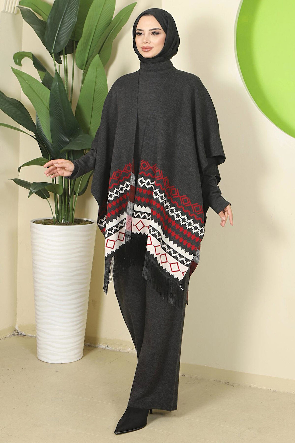 Kilim Desen Pançolu Üçlü Triko Takım Antrasit HM2816
