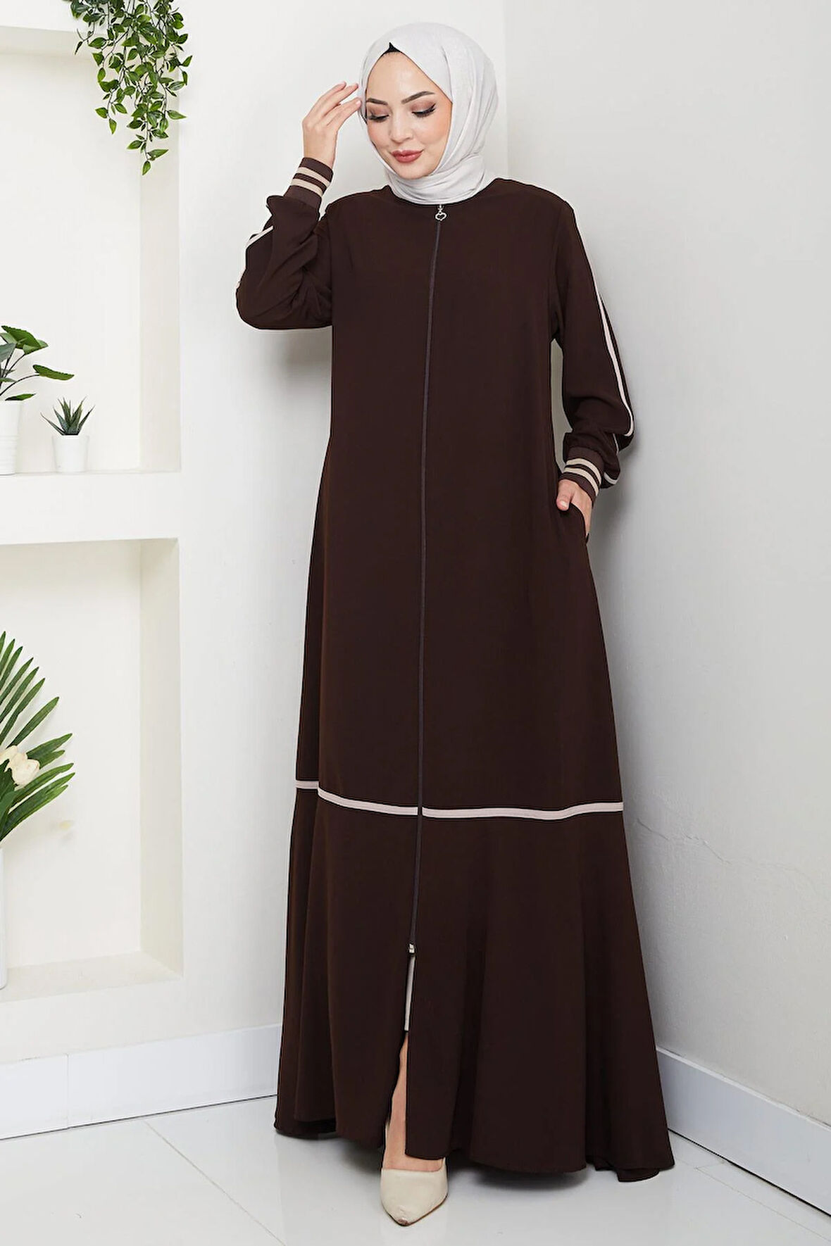 Çizgi Detaylı Ferace Acı Kahve HM2035