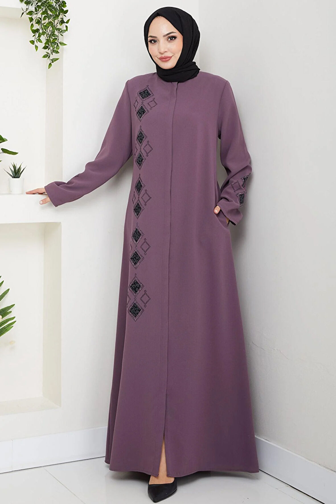 Deri İşlemeli Ferace Gül Kurusu HM2849