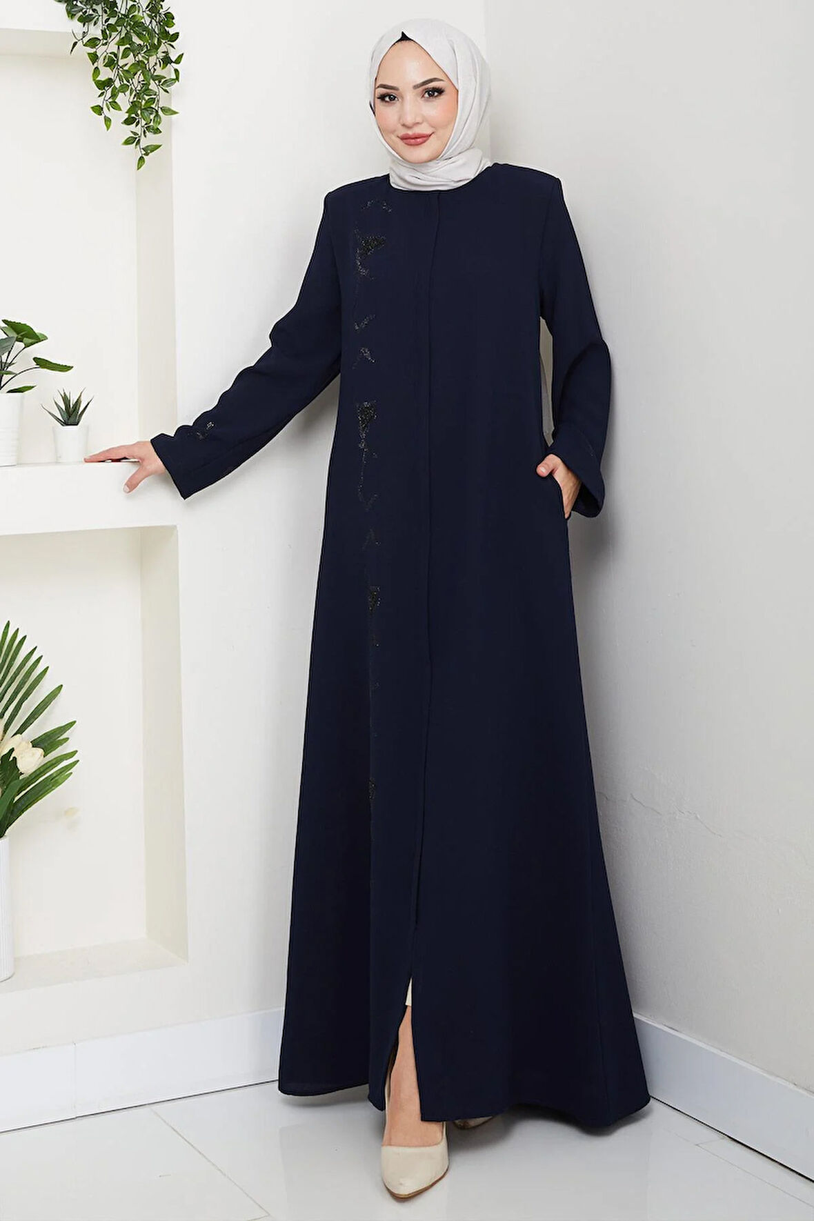 Gizli Patlı Taşlı Ferace Lacivert HM2851