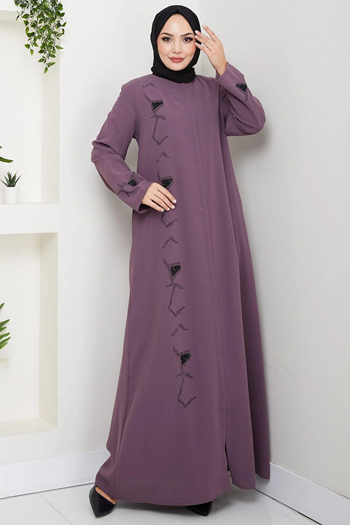 Gizli Patlı Taşlı Ferace Gül Kurusu HM2851