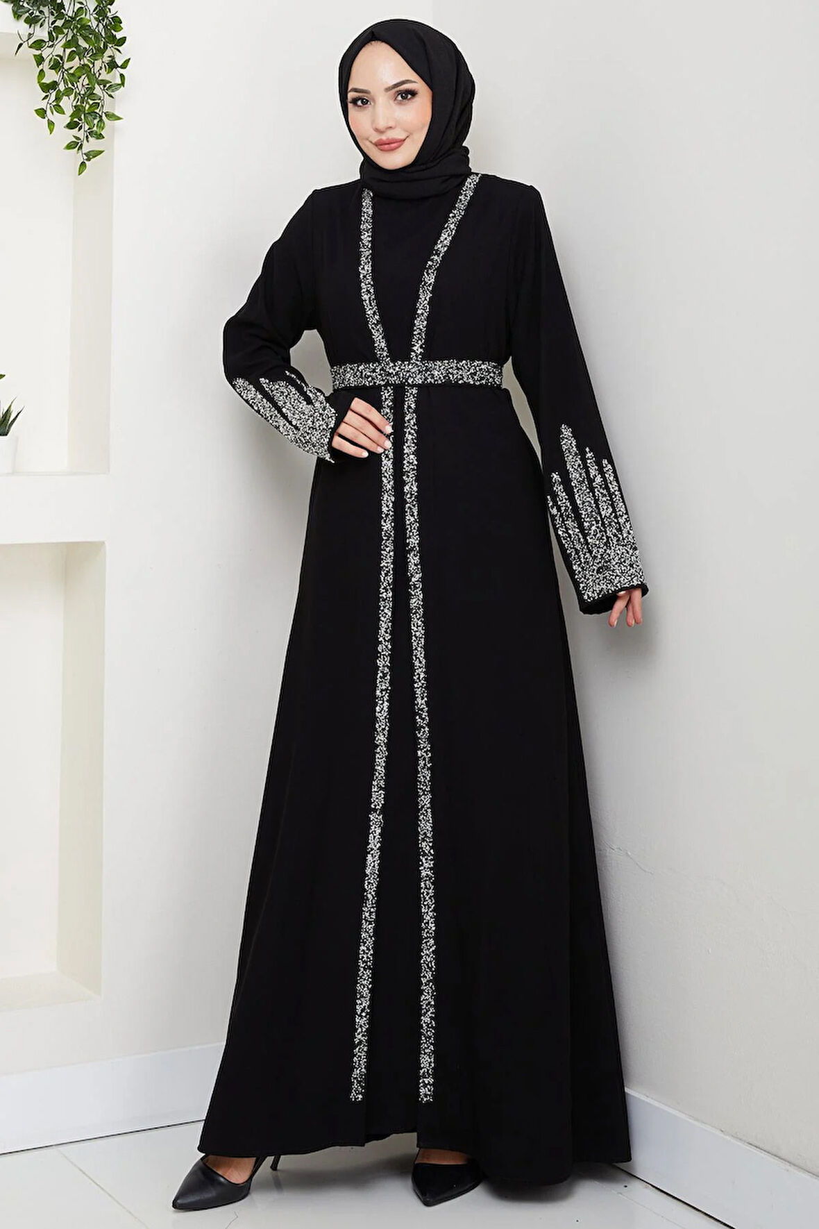 Taş Detaylı İçlikli Abaya Takım Siyah HM2858