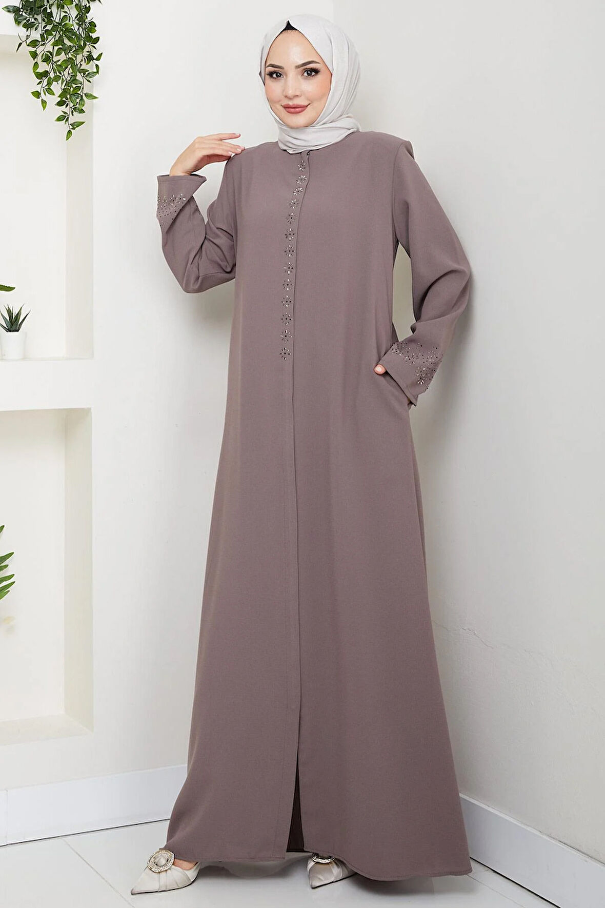 Gizli Patlı Çiçek Taşlı Ferace Vizon HM2859