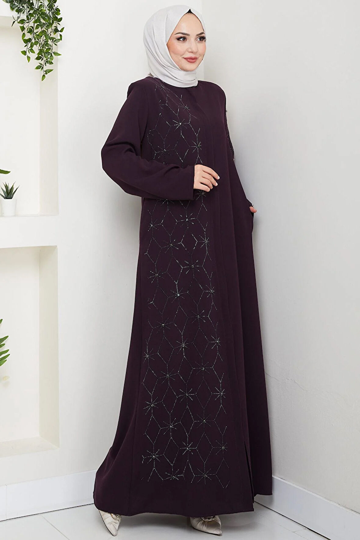 Gizli Patlı Yarım Taşlı Ferace Mürdüm HM2860