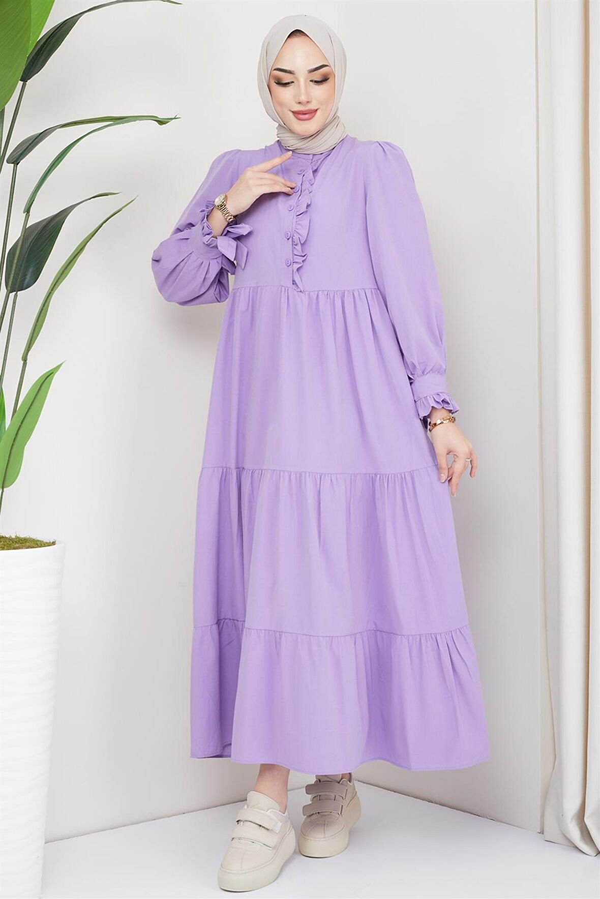 Önü Fırfırlı Kolu Bağlamalı Elbise Lila